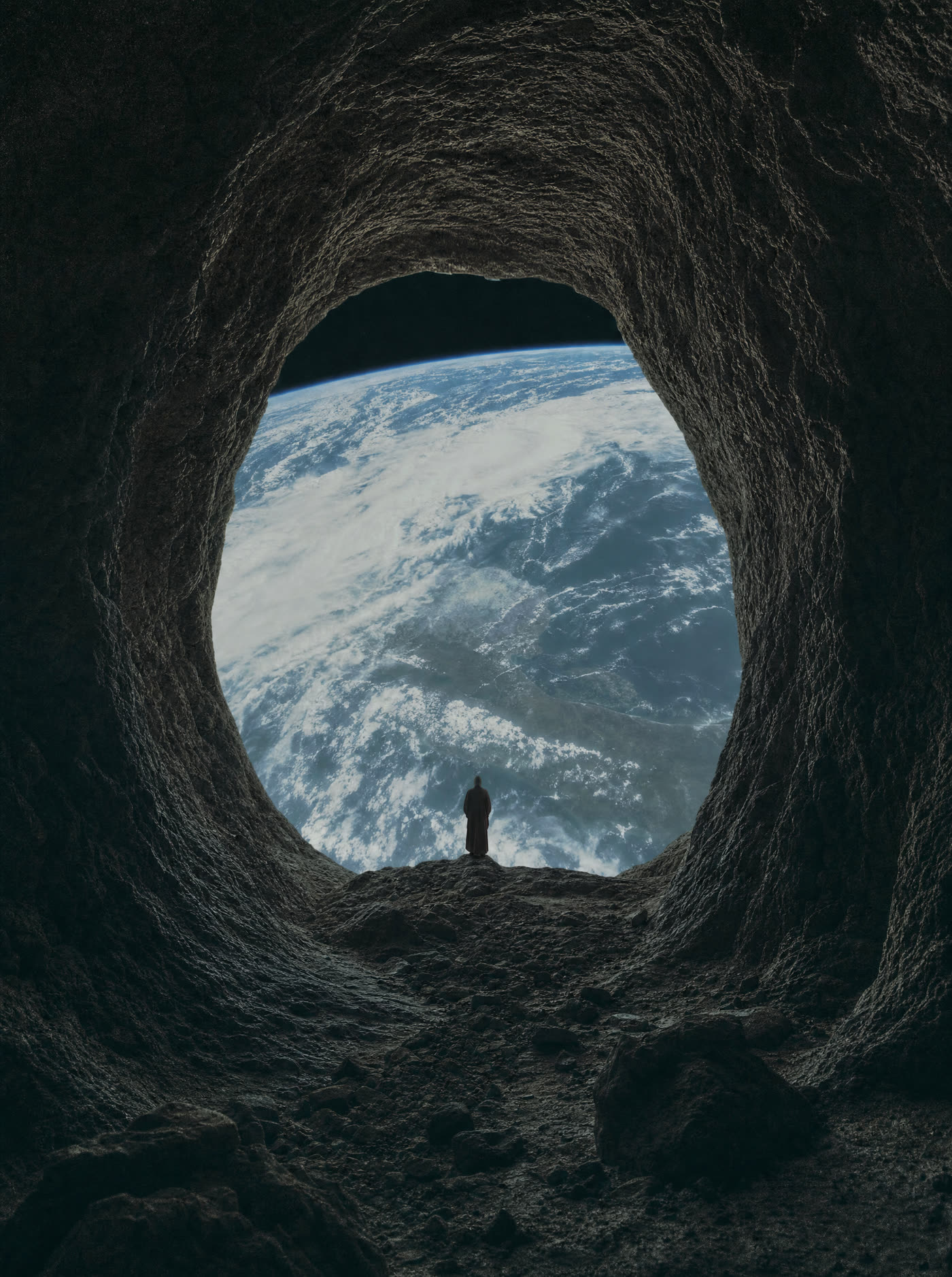 The view from inside a rock tunnel whose circular mouth reveals Earth from orbit, a robed figure at the lip
