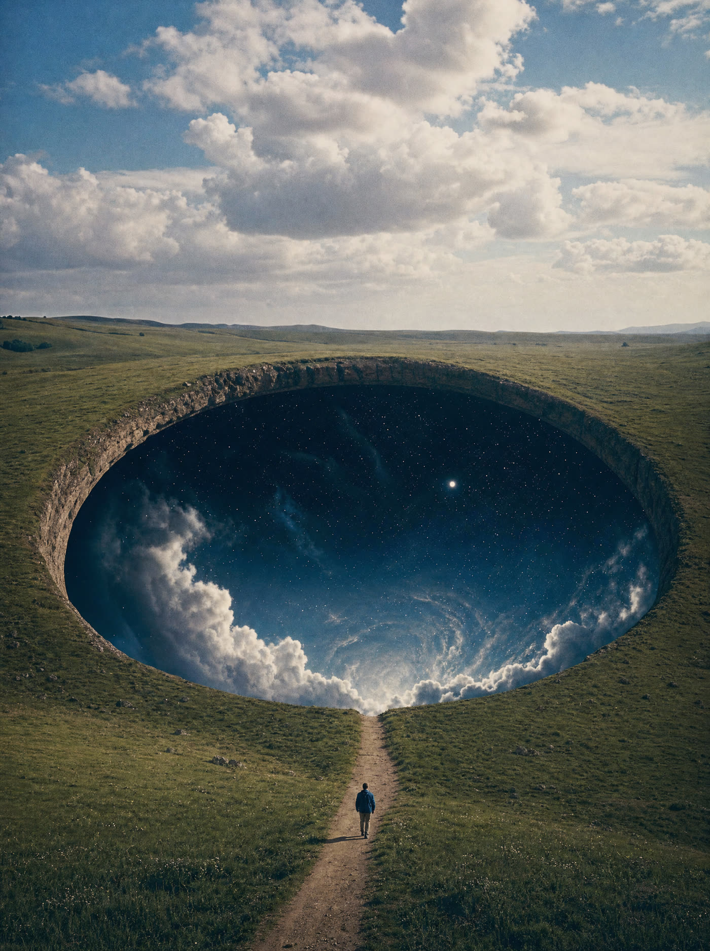 A circular opening in a green meadow revealing a starfield beneath the ground, a path leading toward it