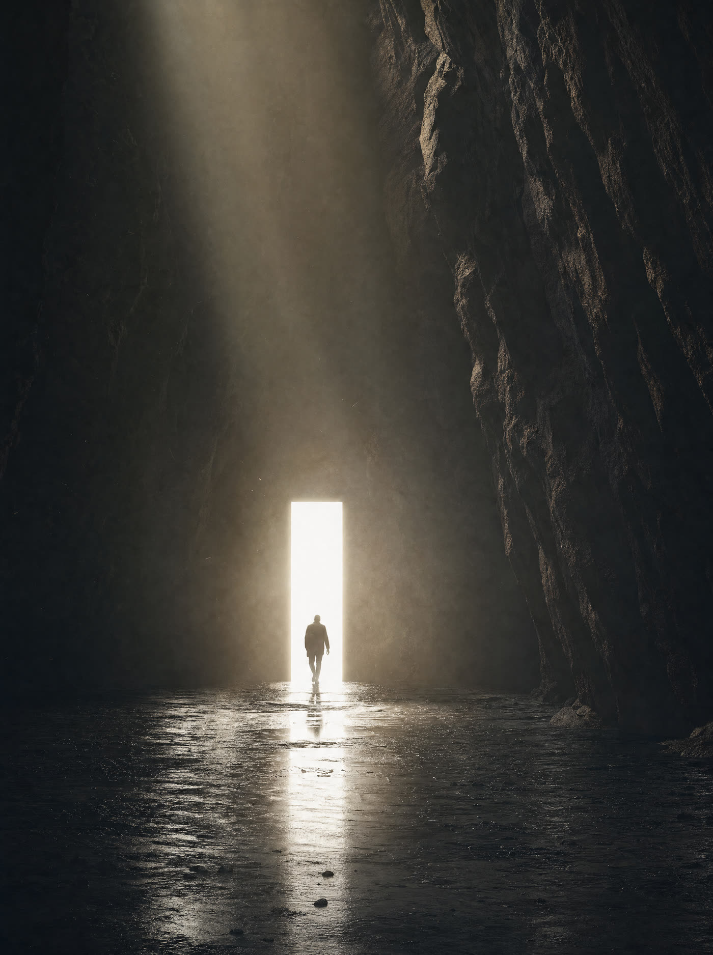 A freestanding doorway of white light in a dark cavern, a silhouette stepping through volumetric rays