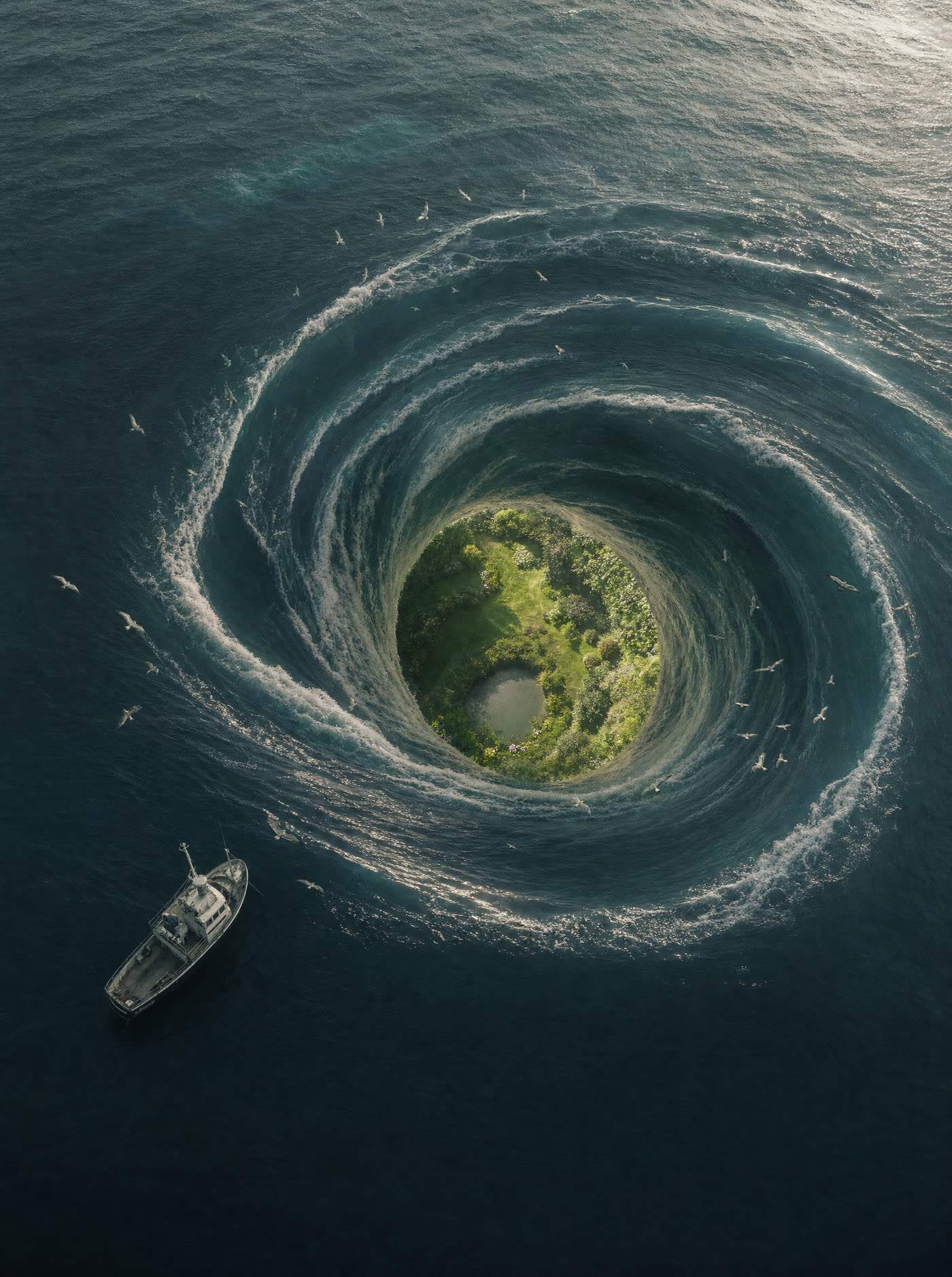 An ocean whirlpool forming a spiral tunnel down to a sunlit garden, seabirds circling the rim