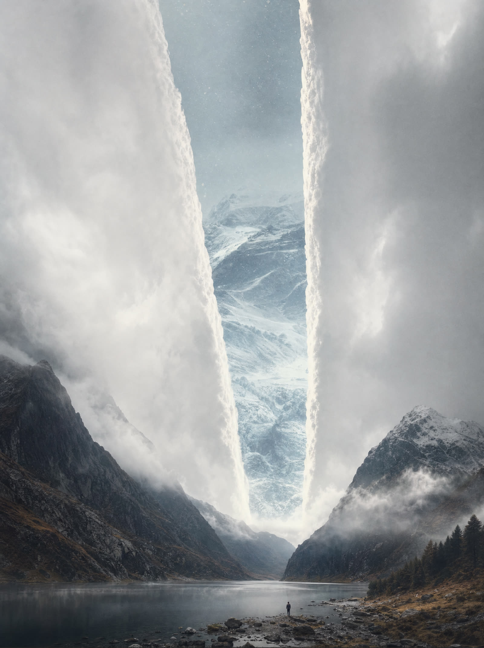 A vast vertical rift kilometres wide splitting the sky above an alpine valley, a frozen season visible through the gap, one minute figure on the shore below