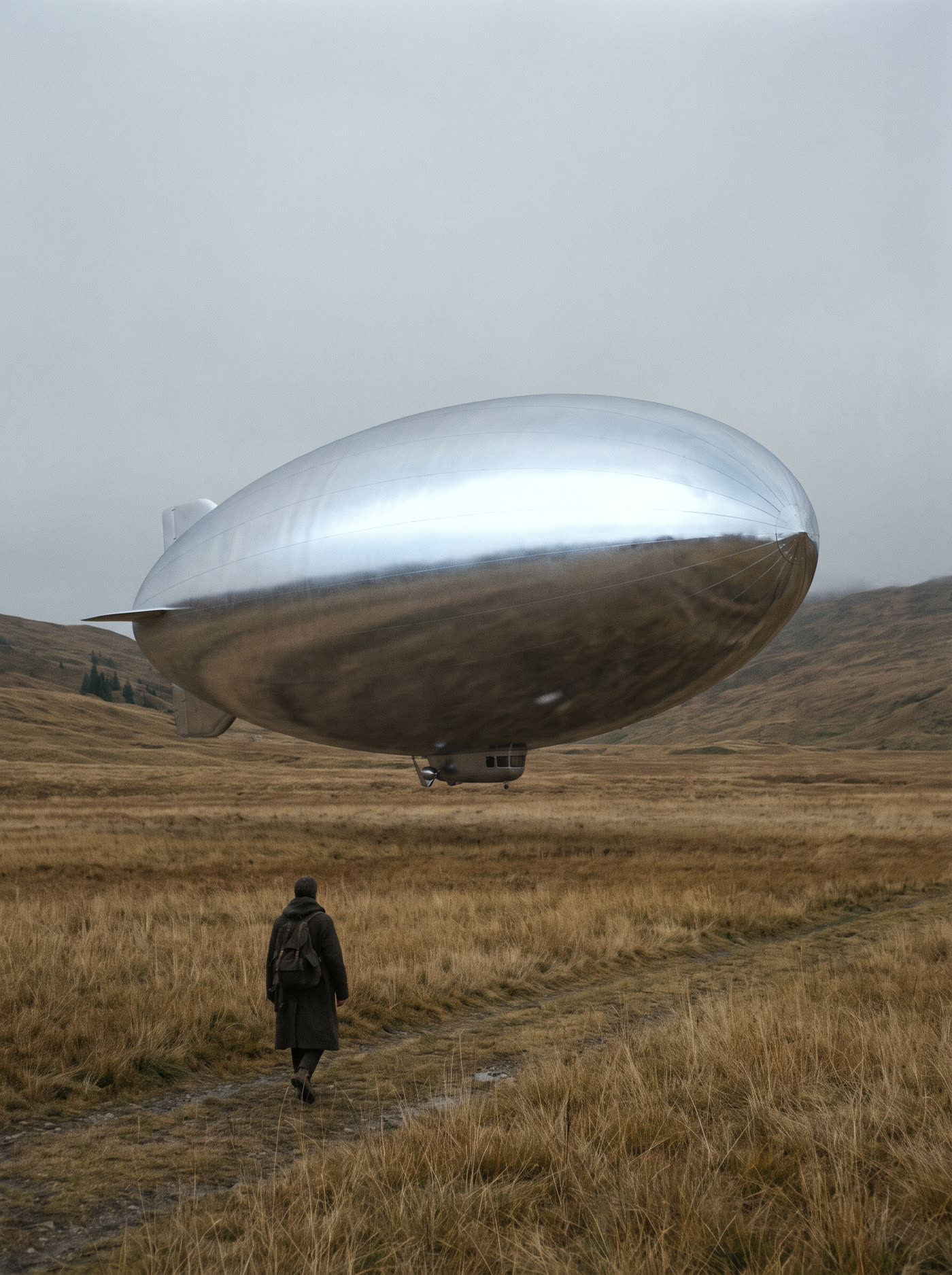 A polished silver ovoid airship hovering over a highland meadow, a single walker crossing below