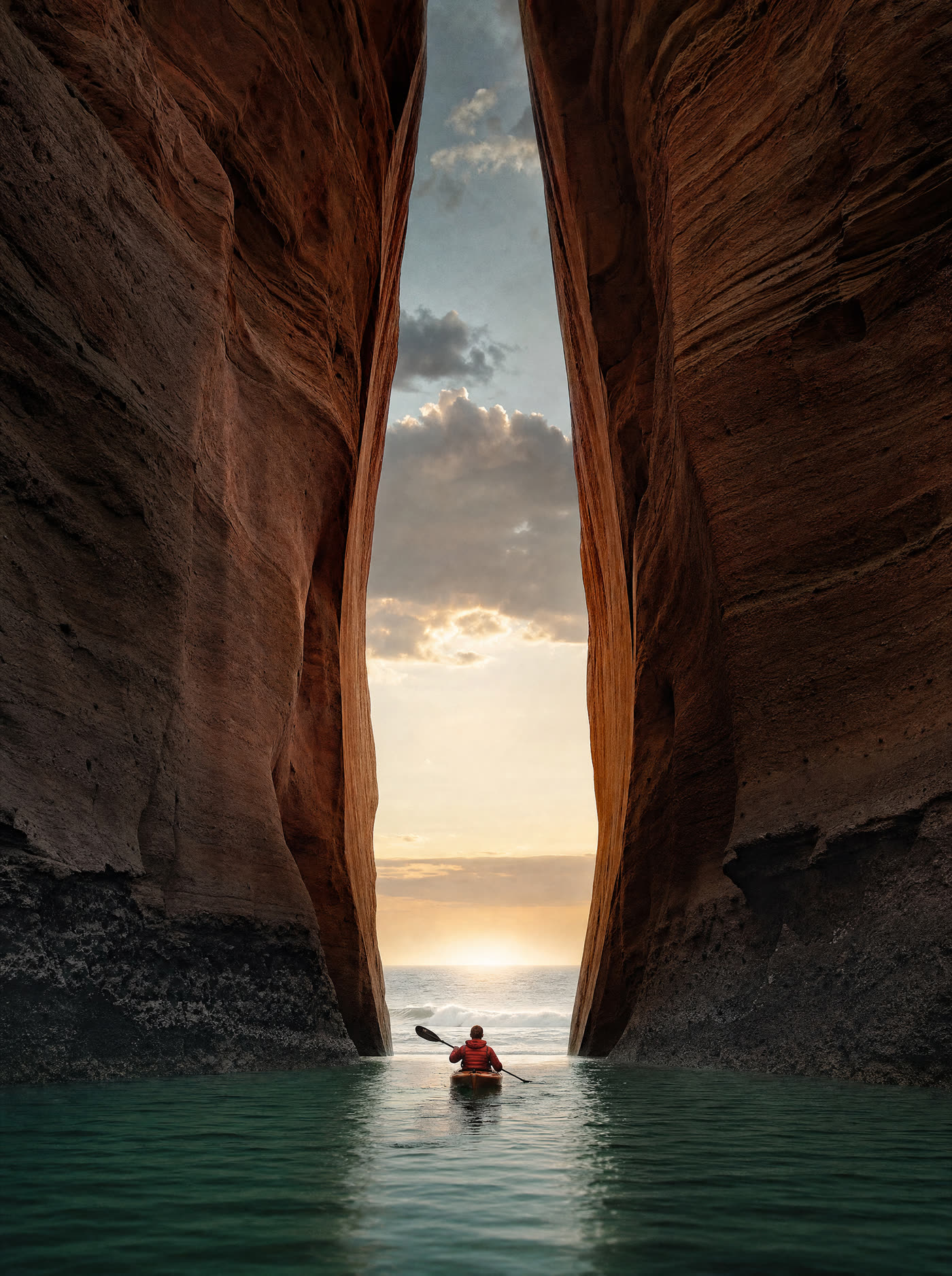 Red sandstone canyon walls parting to reveal a glowing ocean horizon, a kayaker in red paddling toward it
