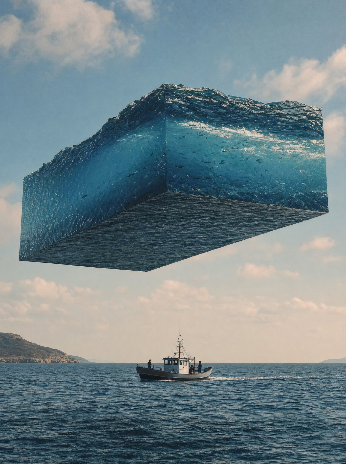 A rectangular slab of ocean lifted out of the sea and suspended in mid-air, fish still moving inside it