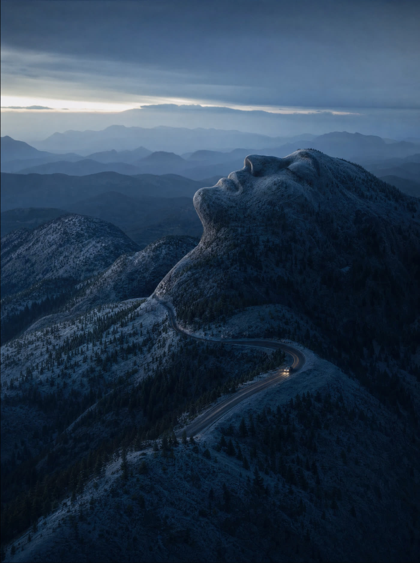 A mountain range that is an enormous sleeping figure under forest and snow, a road crossing its shoulder