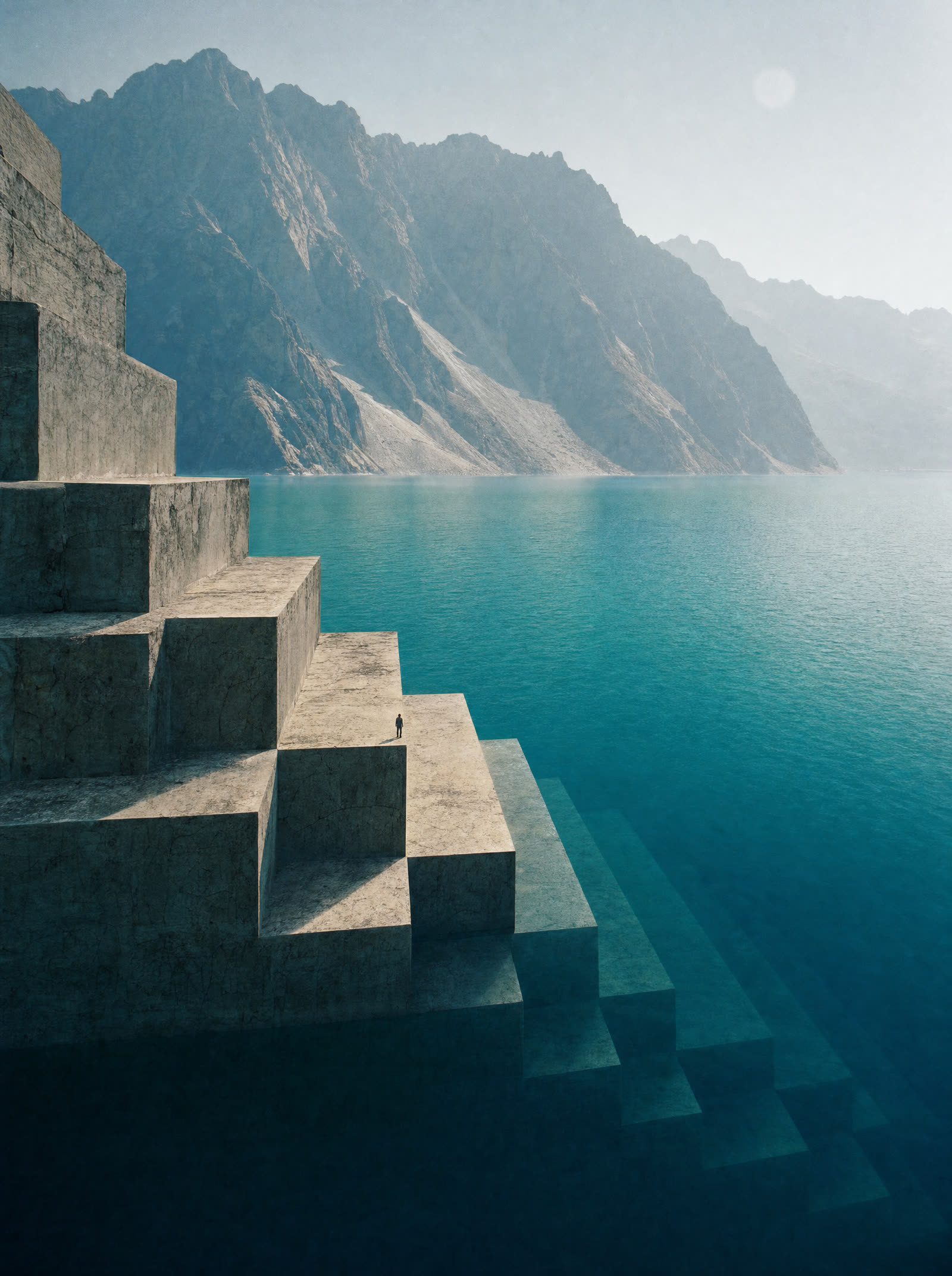 A staircase of colossal stone blocks, each step taller than a house, descending into a turquoise glacial lake, one tiny figure standing on a single step