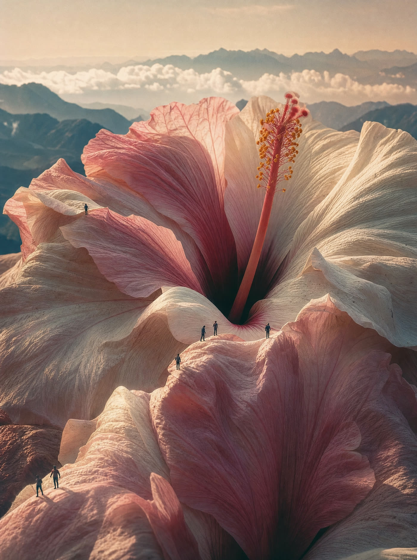 A single hibiscus flower the size of a mountain range, petals forming valleys, tiny figures on the ridgelines