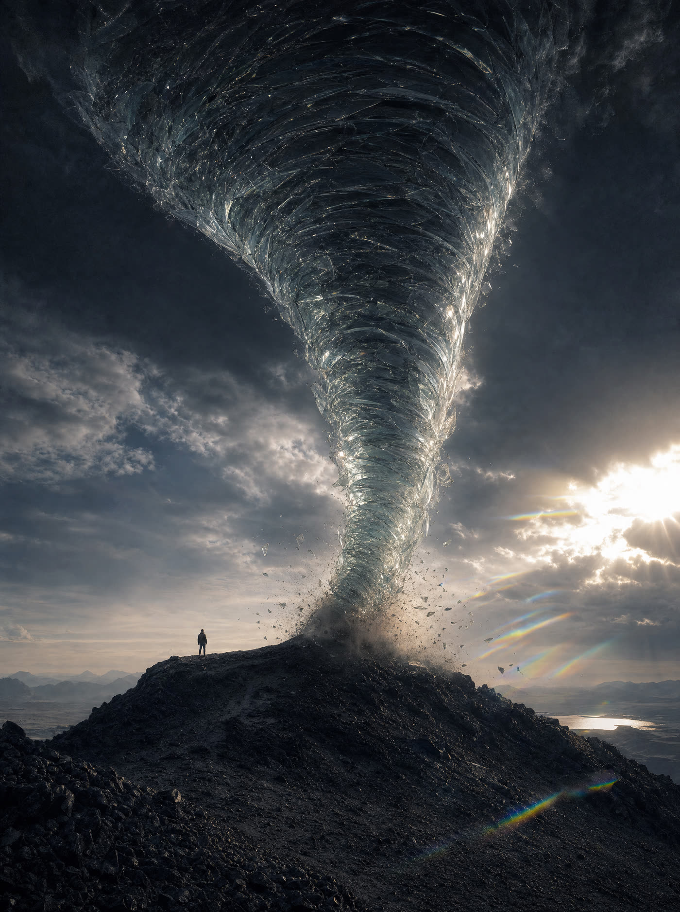 A tornado made of translucent glass on a volcanic ridge, sunlight refracting into prismatic streaks