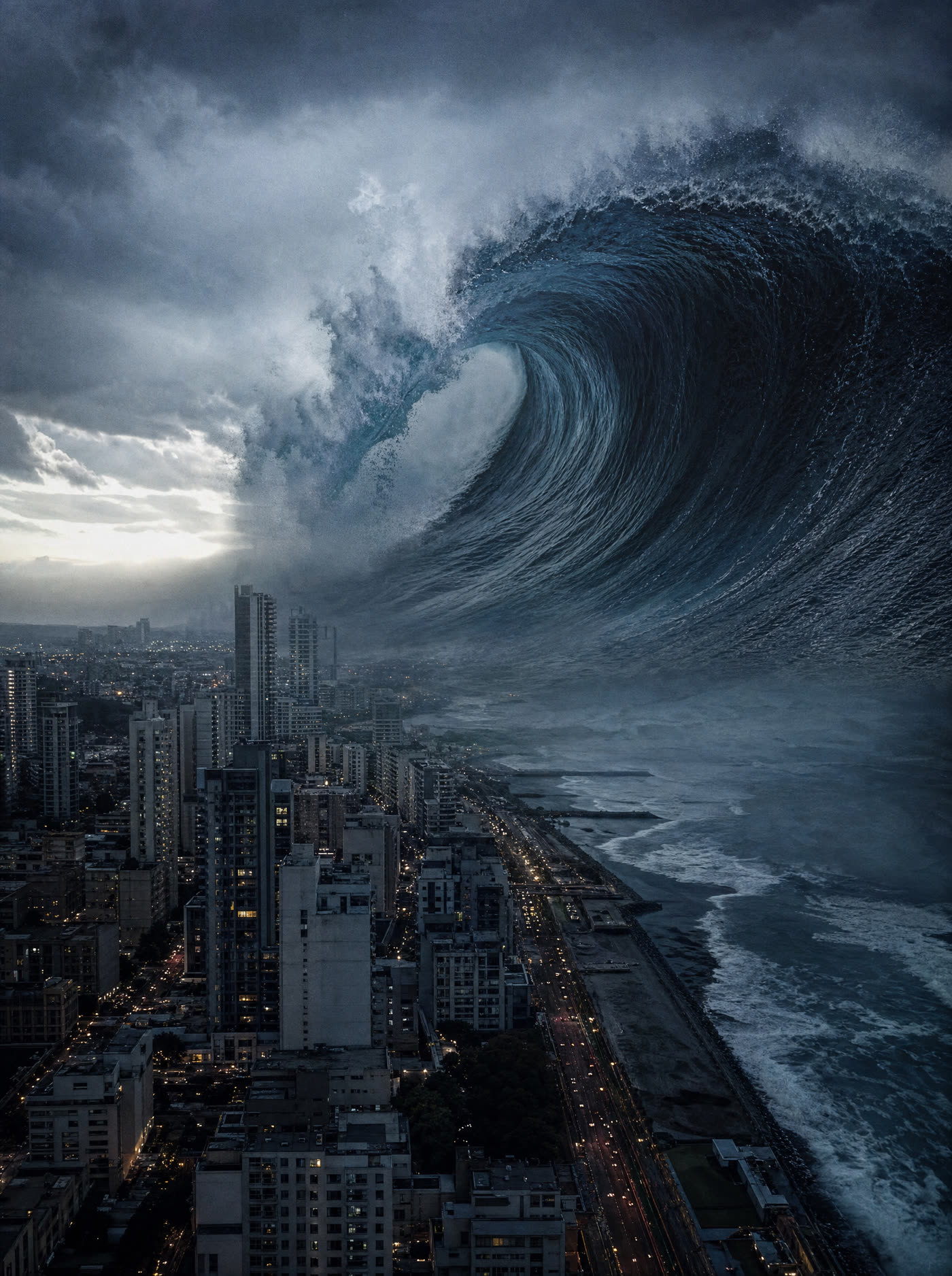 A wave the height of a skyscraper curling over a coastal city, frozen before breaking