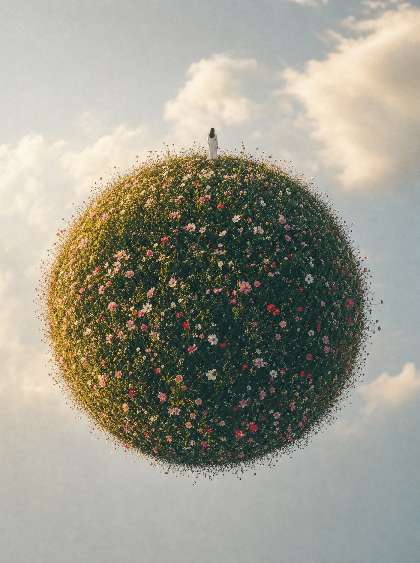 A meadow of wildflowers curving up into a small complete planet, one figure standing at the pole