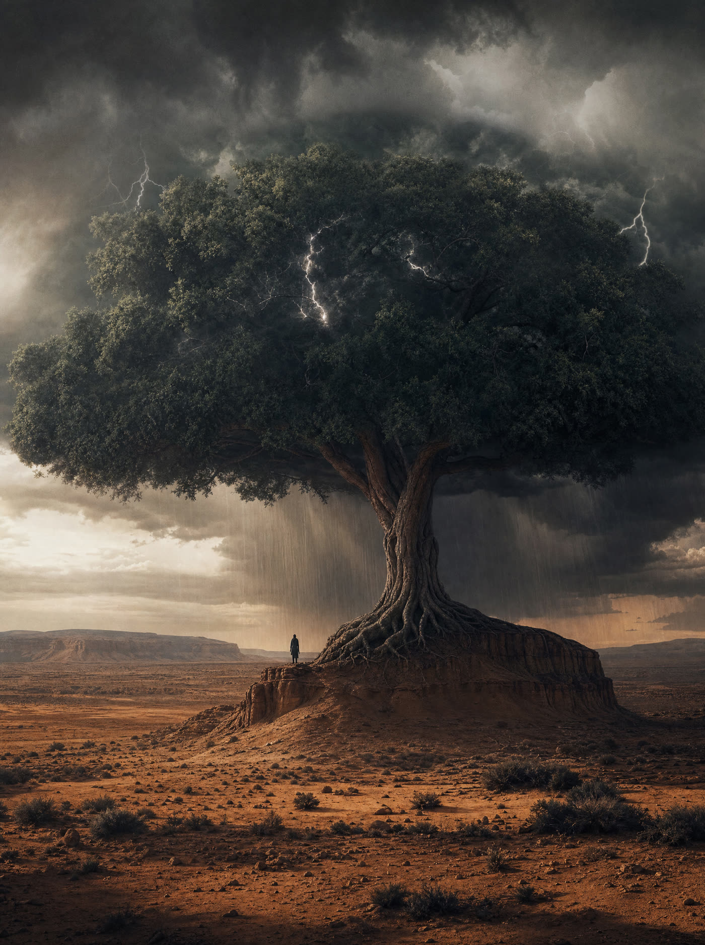A colossal tree whose canopy has become a thunderstorm, roots gripping a desert mesa, lightning in the leaves