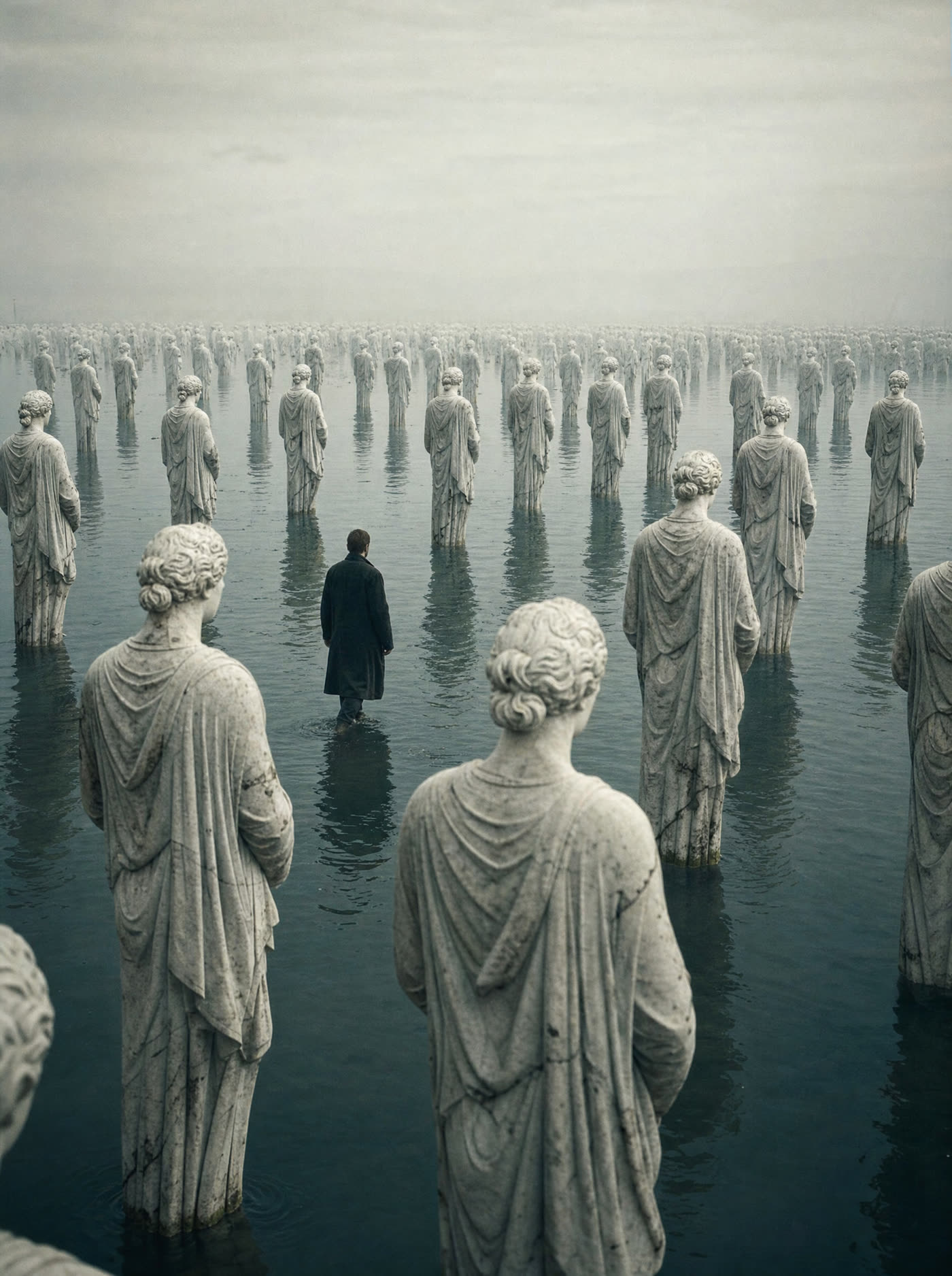 A field of white marble statues standing in shallow water to the horizon, one living person walking between them