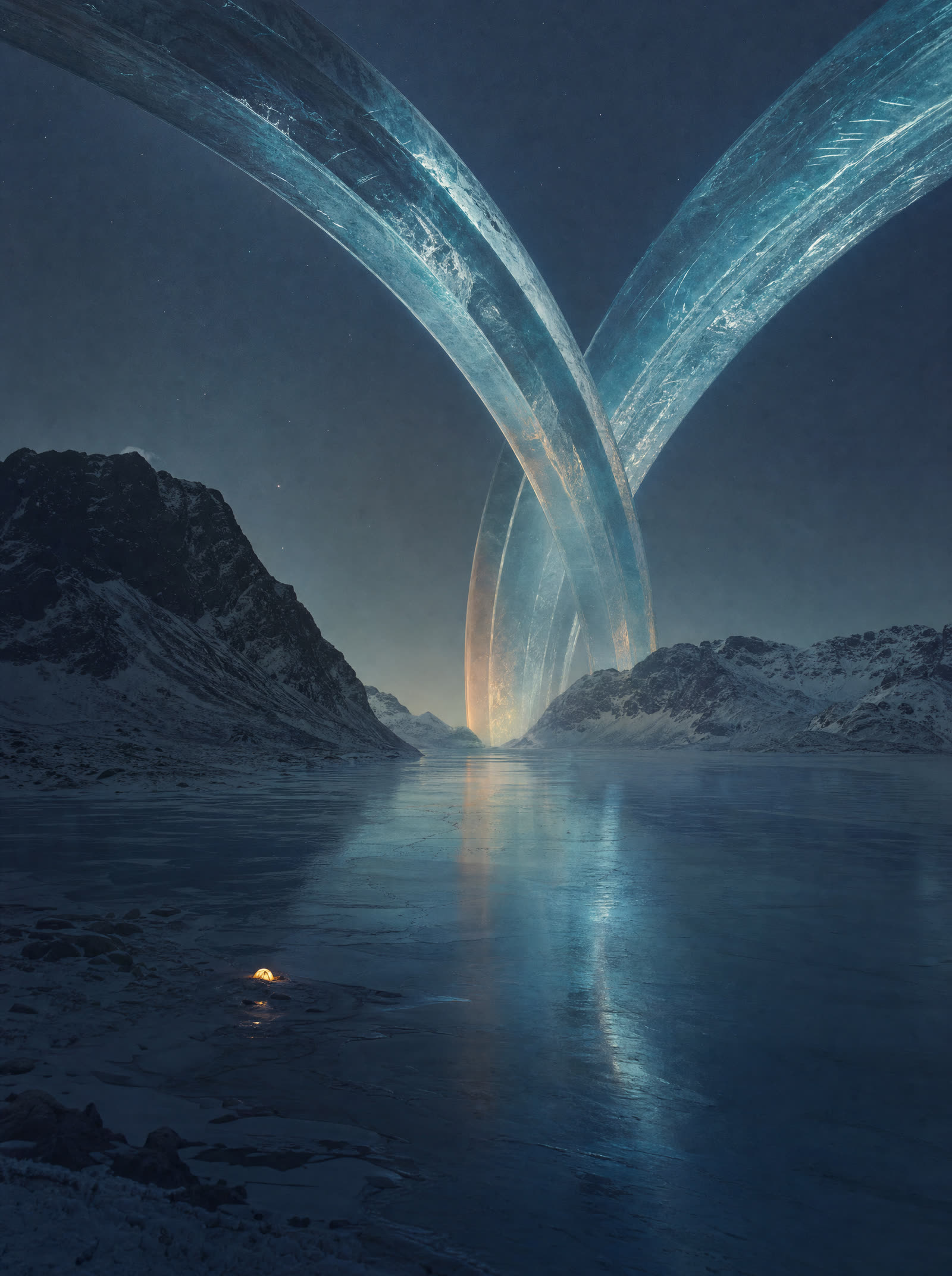 Ribbons of solid translucent glass each as wide as a mountain arcing over a frozen fjord, a single tiny tent glowing on the shore
