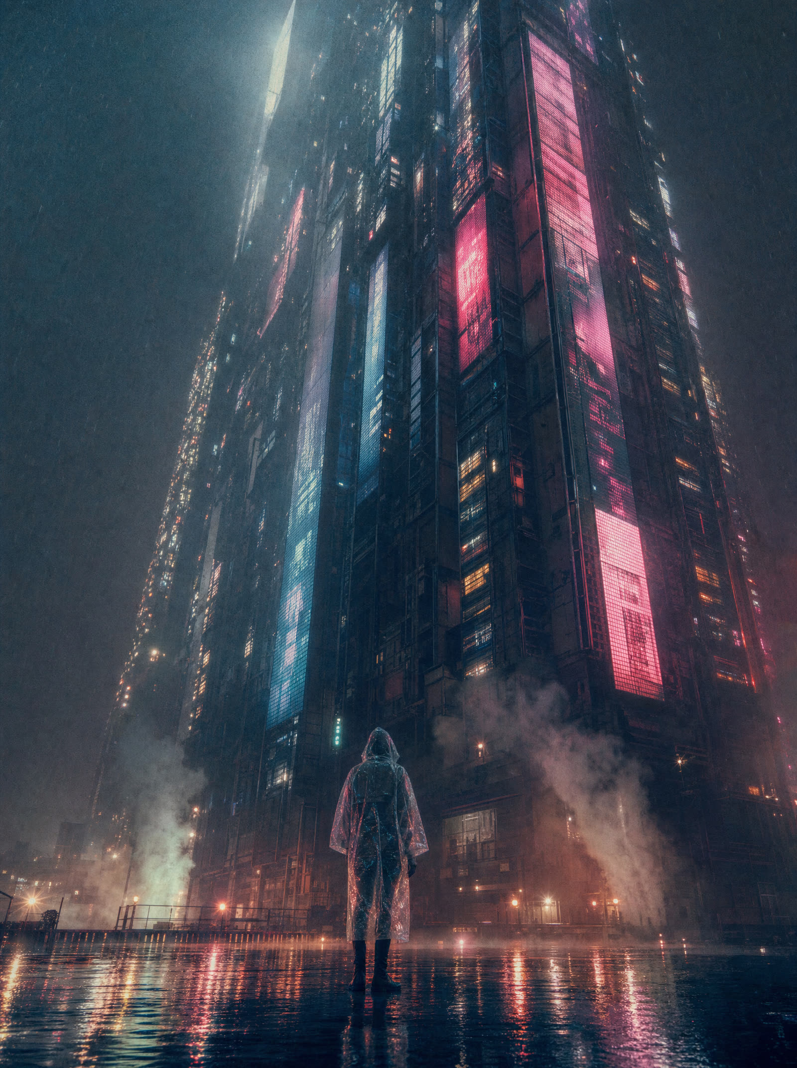A figure in a wet raincoat at the base of a tower whose facade of glowing signage rises beyond the frame