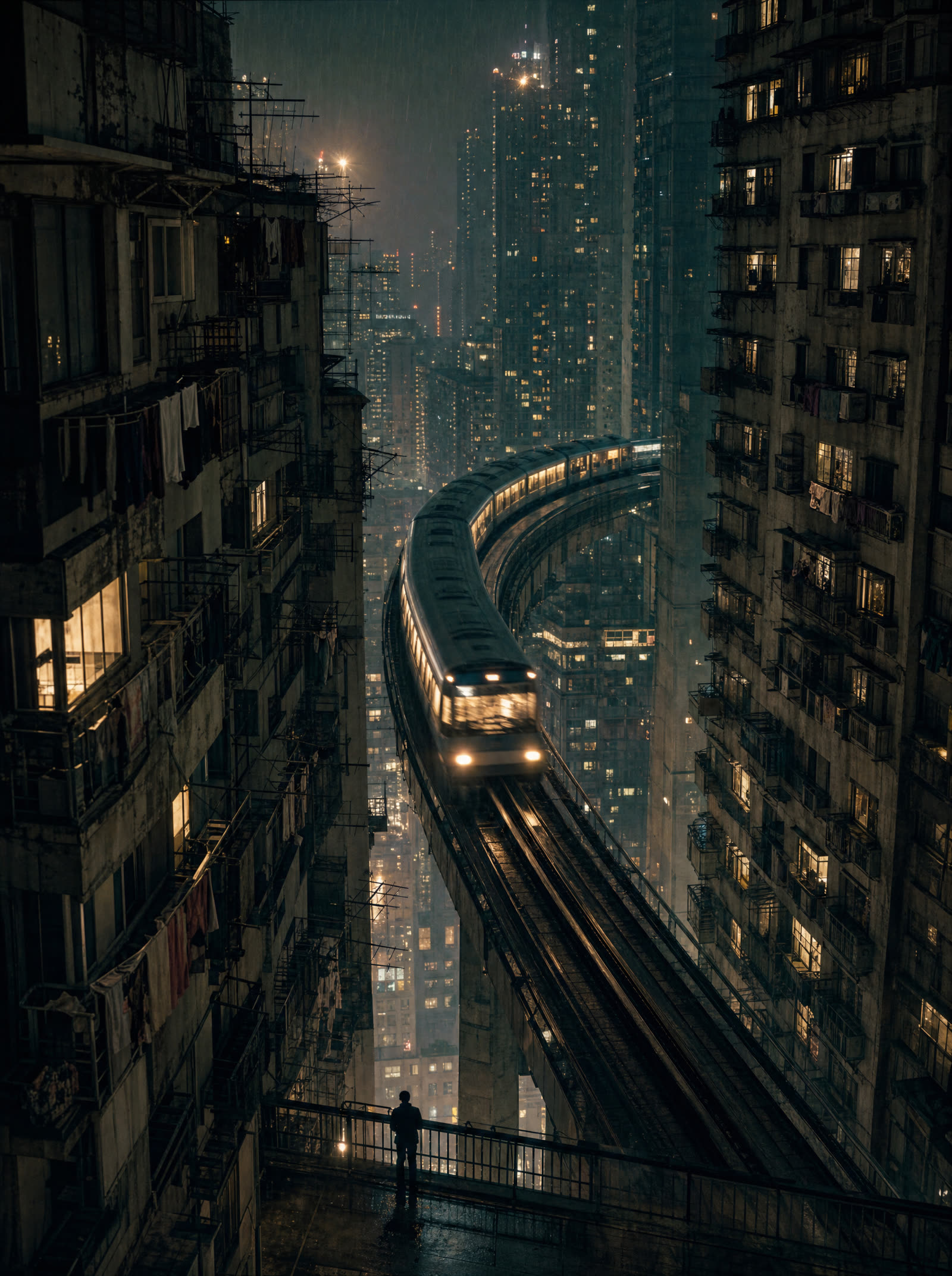 An elevated maglev curving between brutalist residential blocks at night, a lit train streaking through