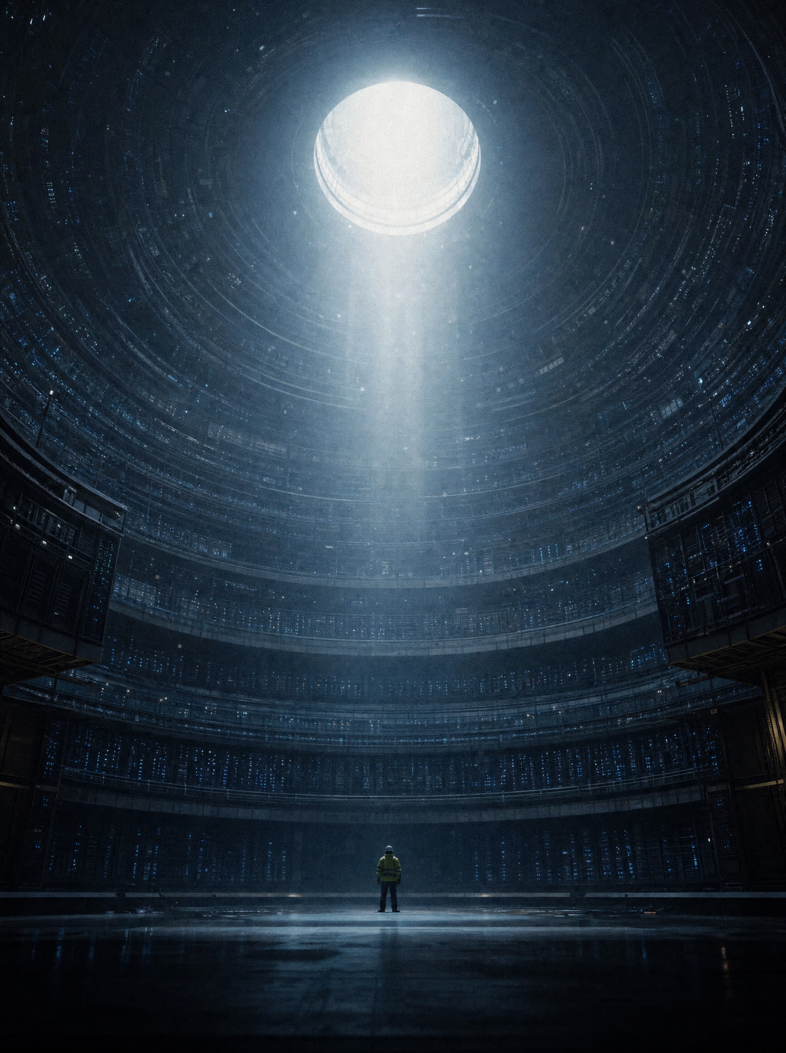 An immense circular data hall in concentric glowing terraces, one engineer dwarfed on the floor
