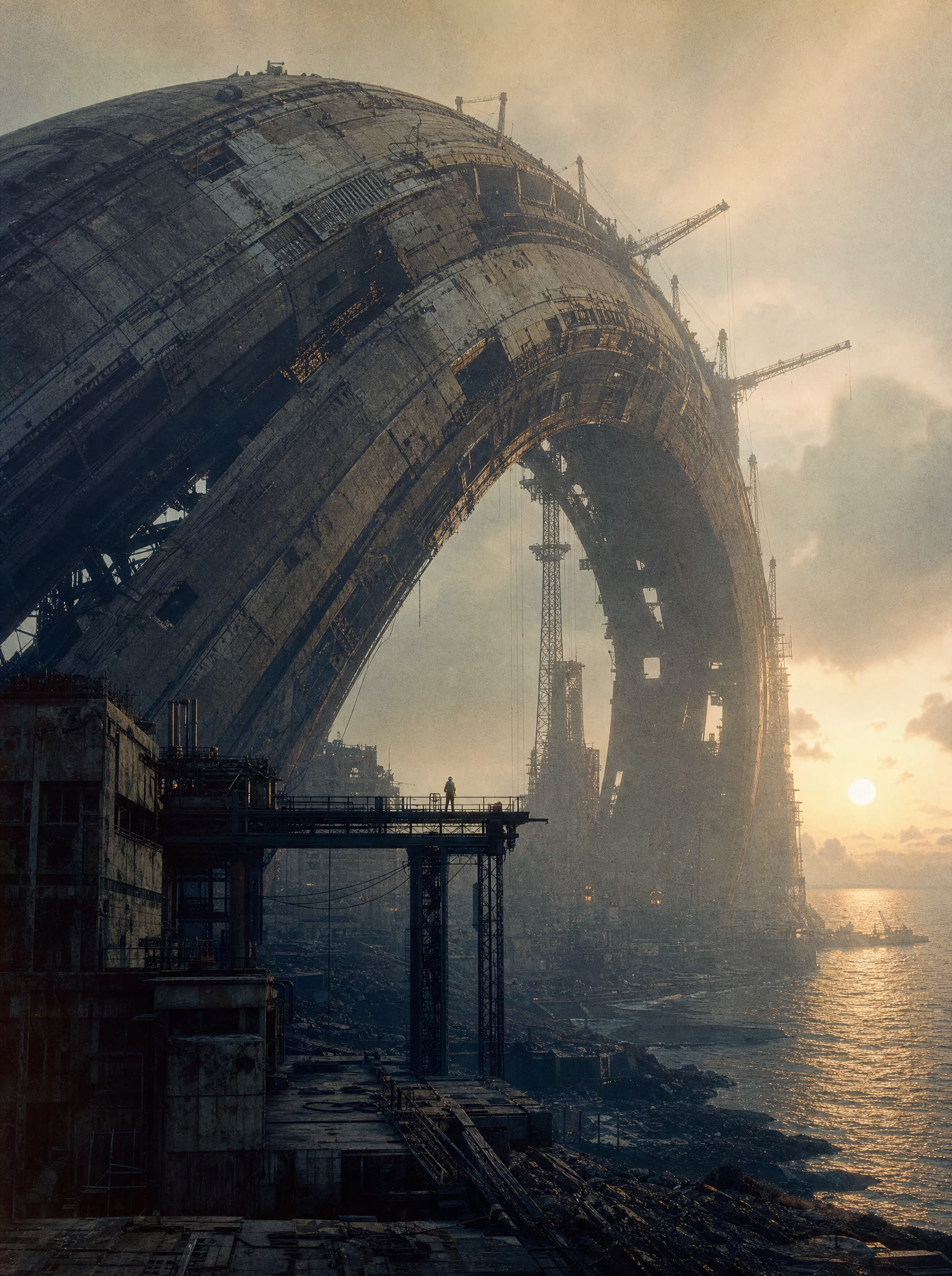 A derelict orbital ring segment half-buried across an industrial coast, cranes crawling over its hull