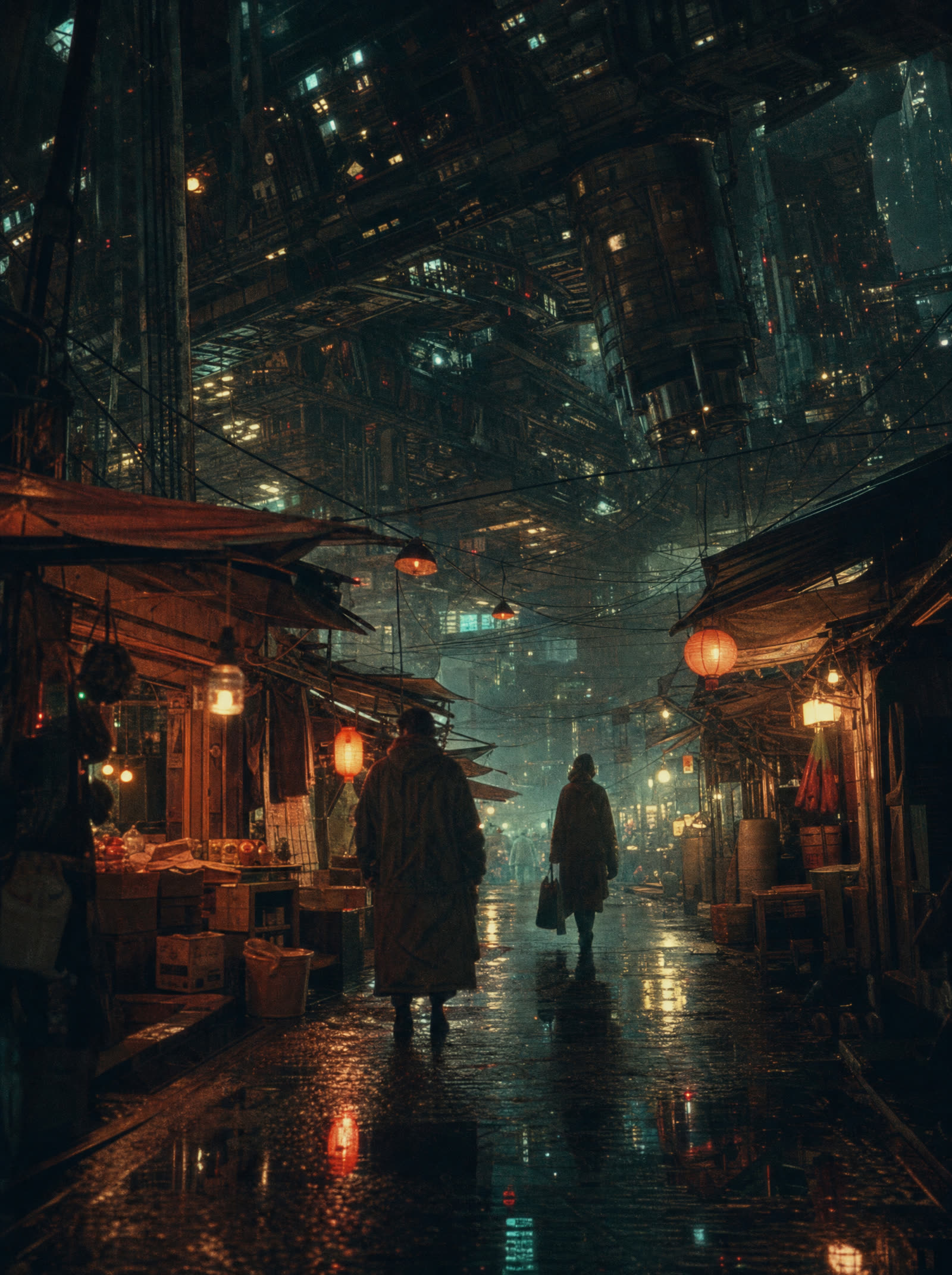 A night market alley beneath the lit underside of a vast arcology, two figures walking between stalls