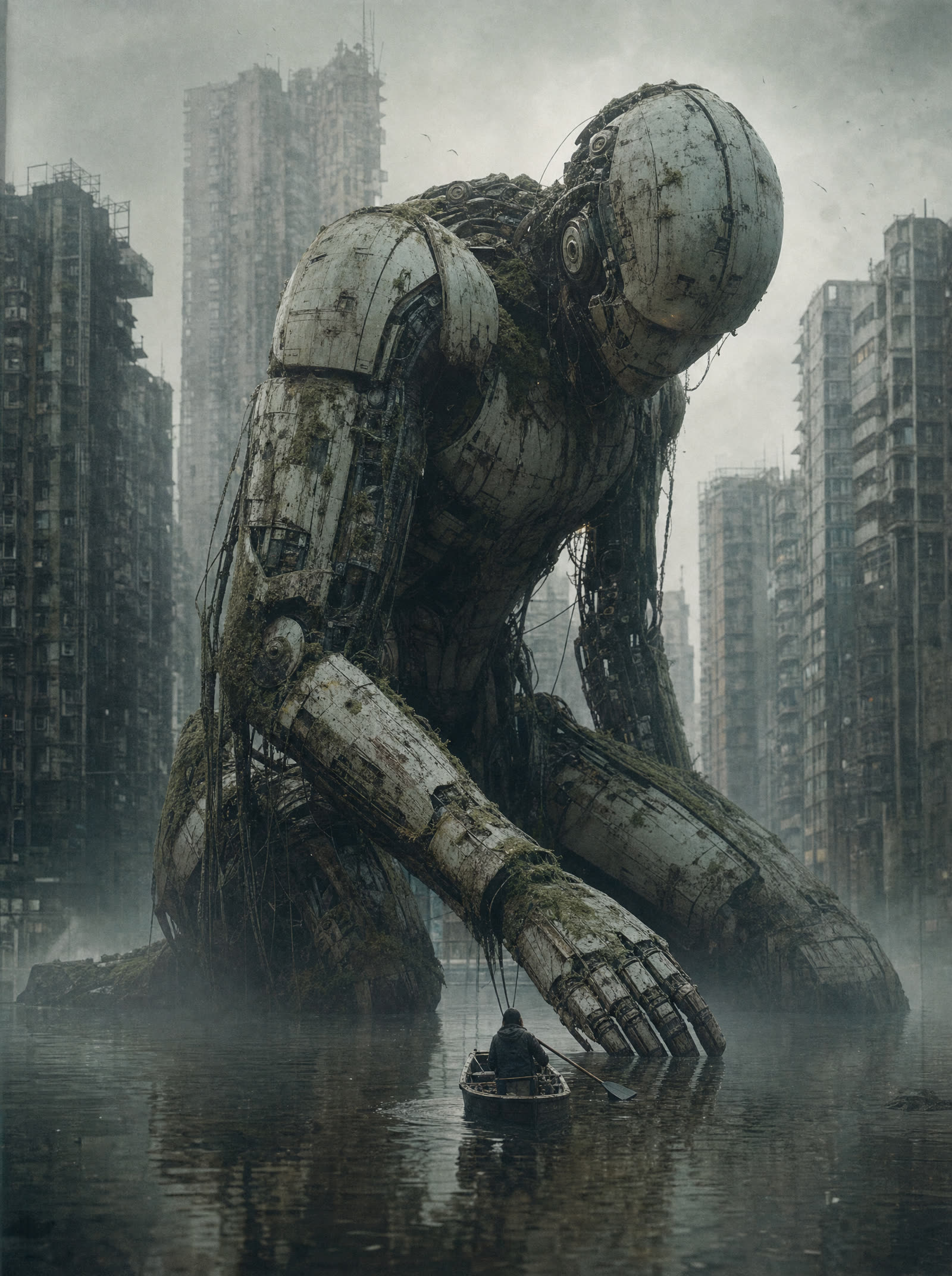 A colossal maintenance robot kneeling in a flooded plaza, one person rowing past its hand