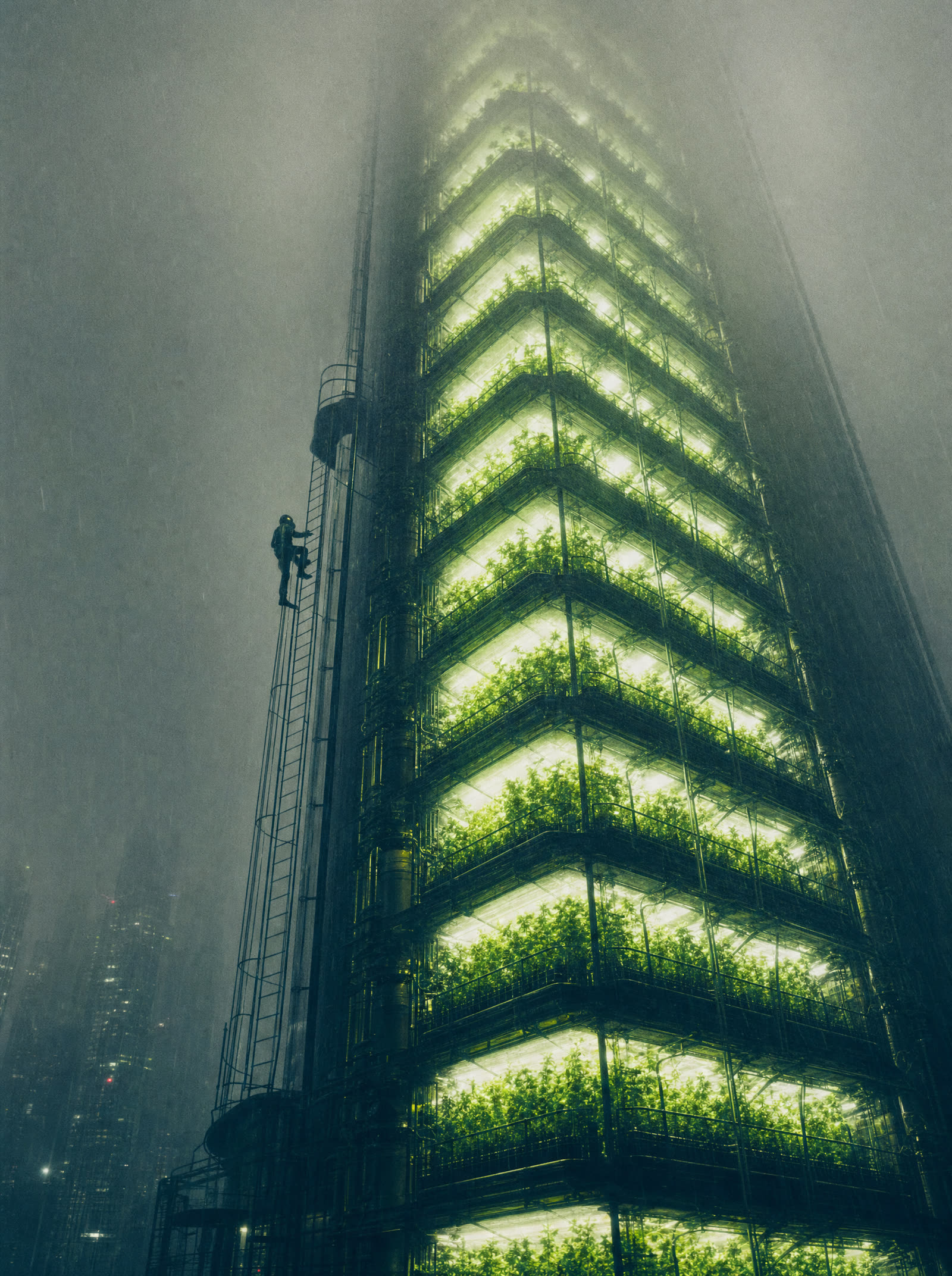 A vertical farm of stacked illuminated growing decks vanishing upward into fog, a worker on an external ladder