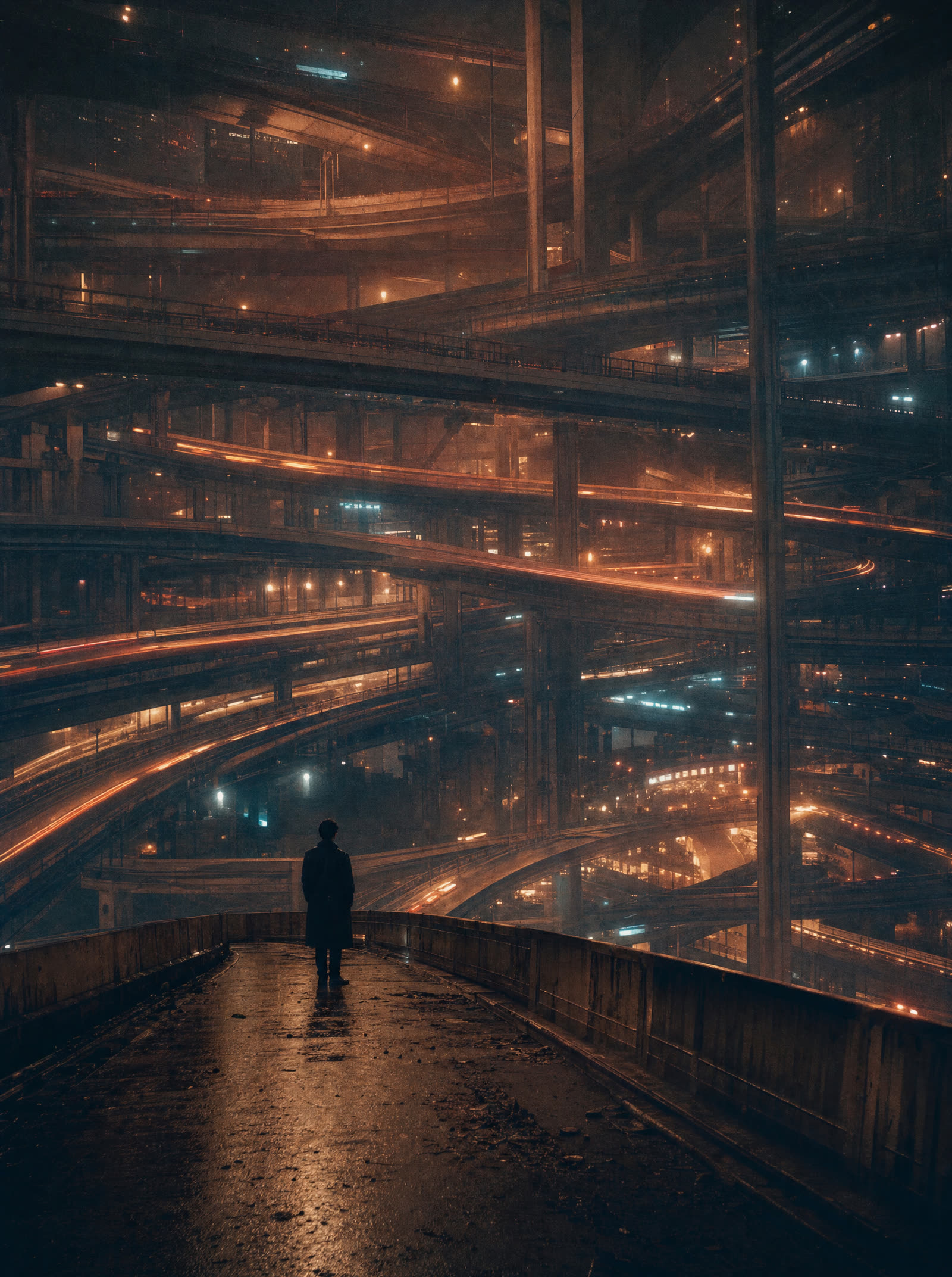 A twelve-level highway interchange lit by sodium and neon, one figure on an abandoned ramp looking up