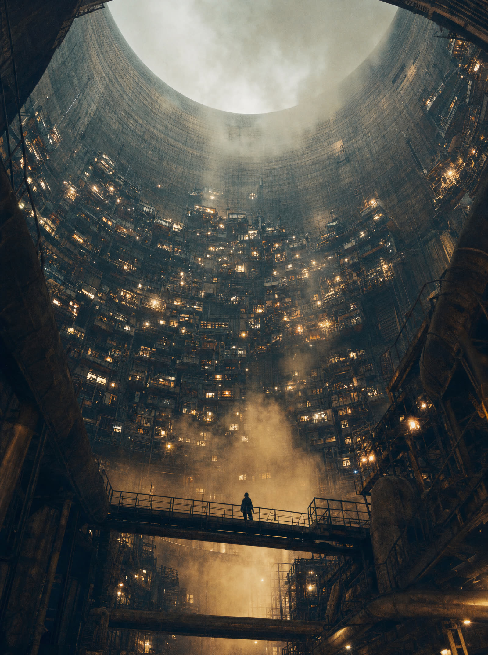 A cooling tower repurposed as a vertical city, thousands of lit dwelling pods on its inner wall