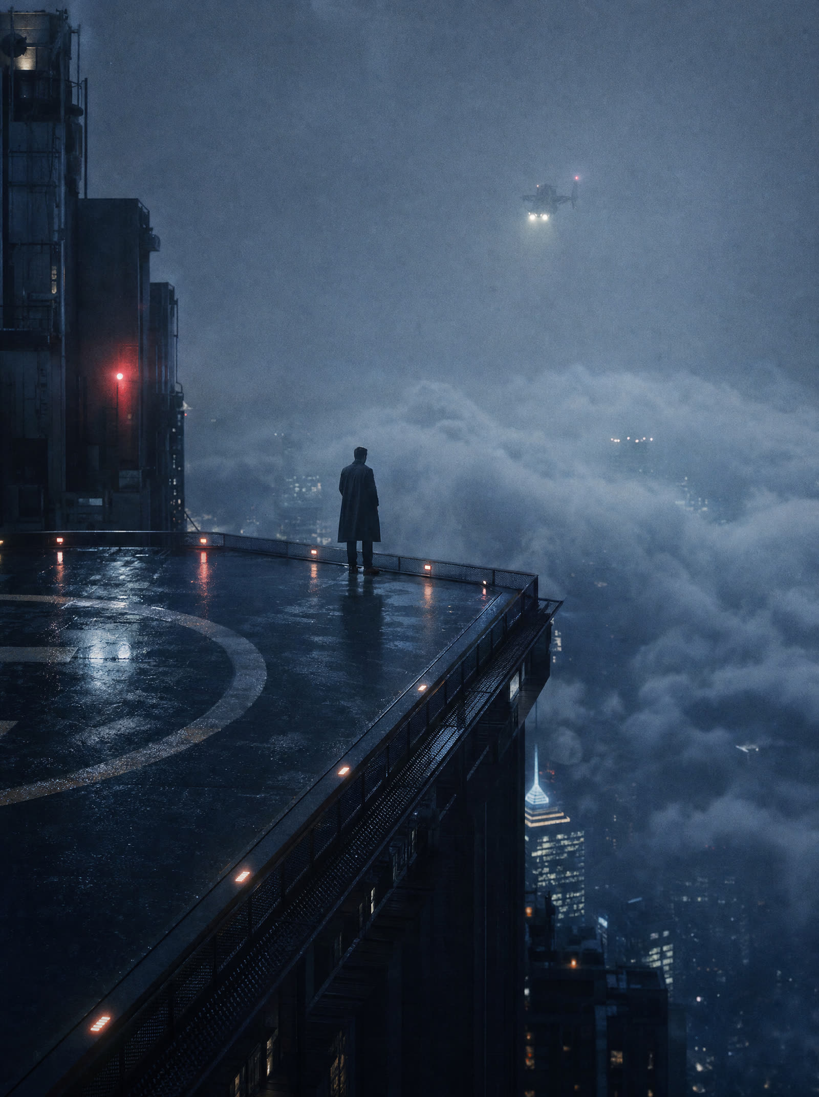 A rain-slick rooftop helipad above the cloud layer, one figure standing at the unguarded edge