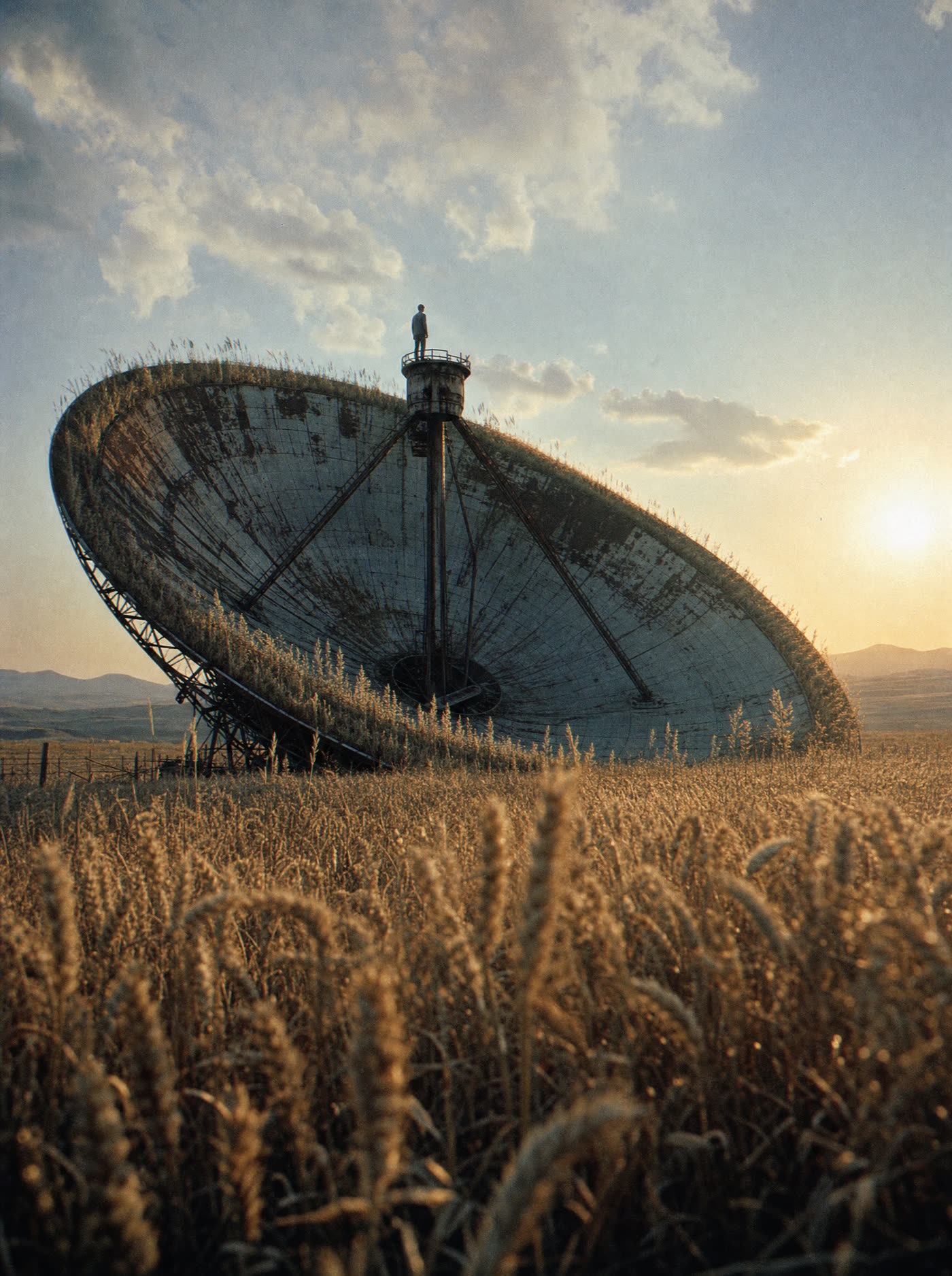 A derelict radio telescope dish half-buried in a wheat field, one figure at the focal tower