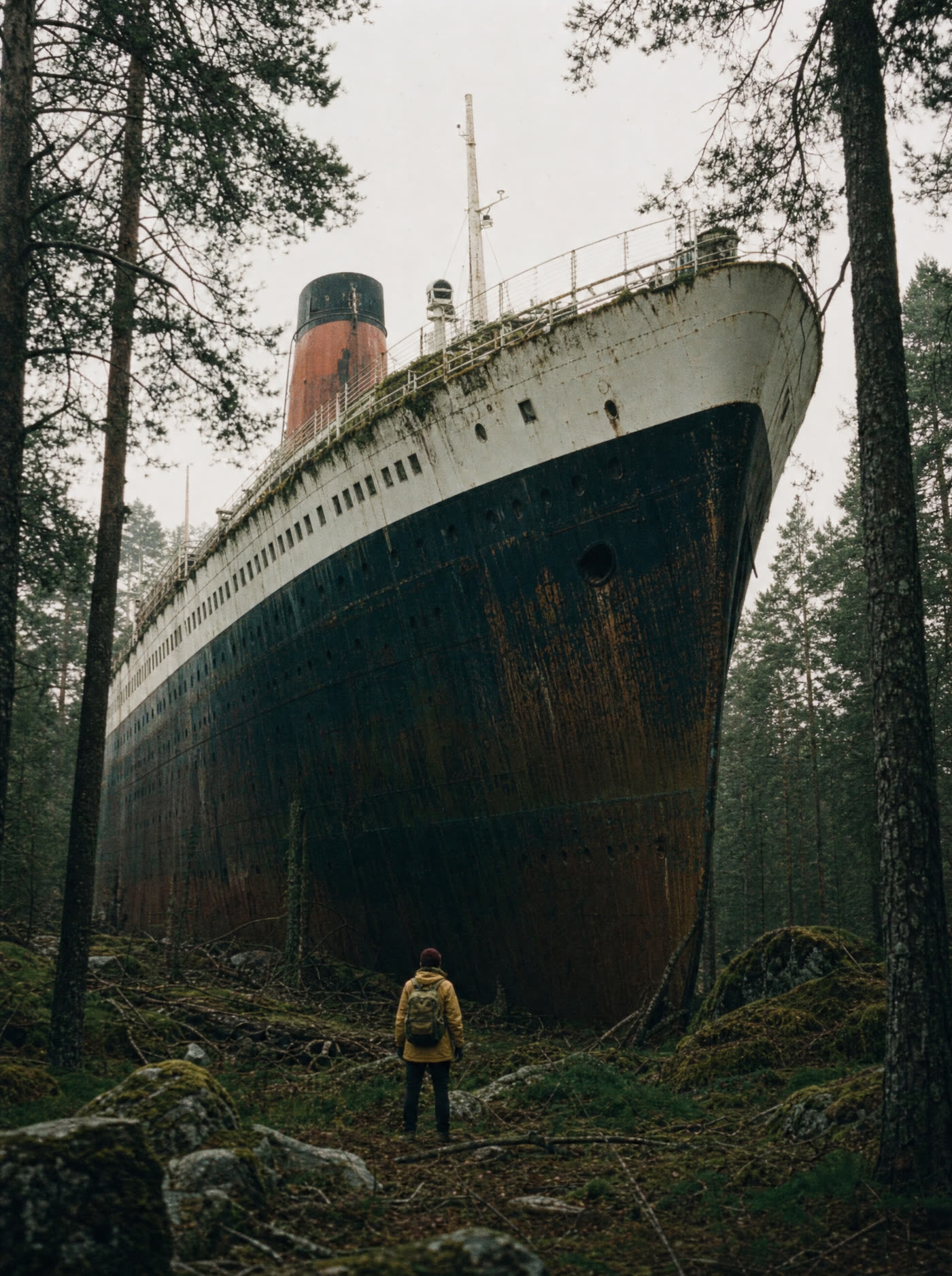 A passenger ship resting upright in a pine forest with trees grown around the hull, a hiker looking up