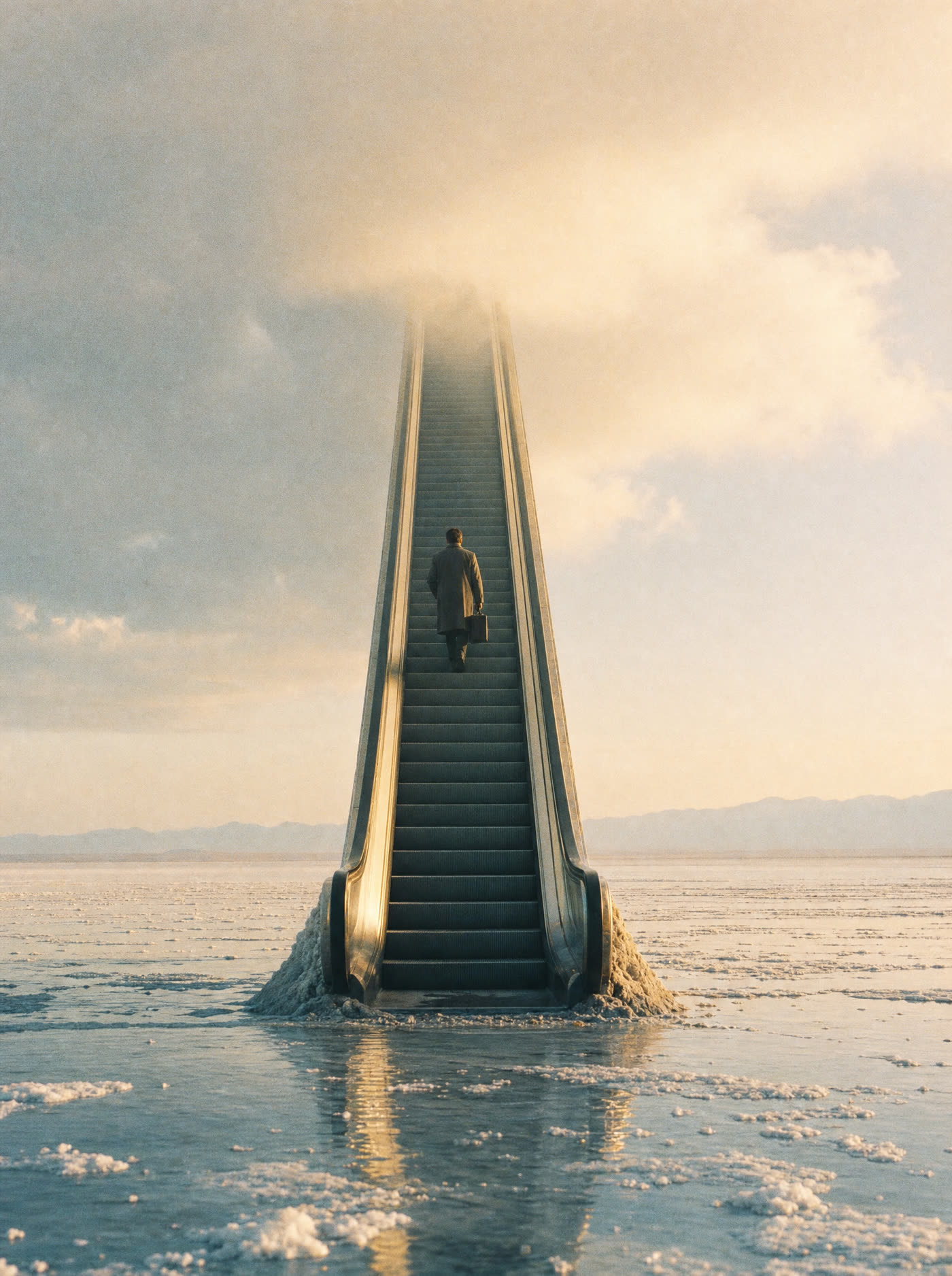 An escalator rising alone out of a salt lake into low cloud, one commuter halfway up