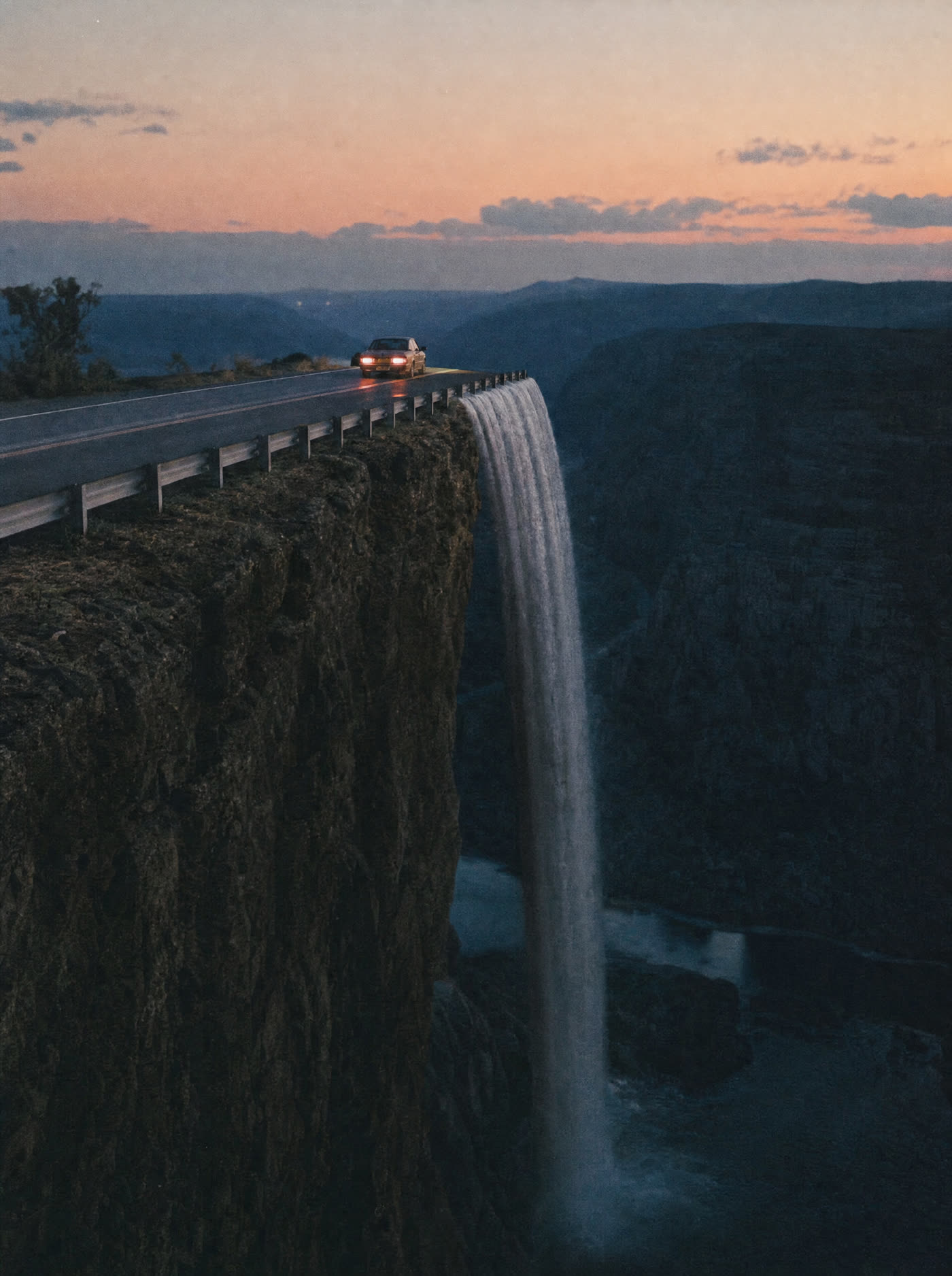 A motorway ending mid-air at a cliff and continuing as falling water, a single car parked at the end