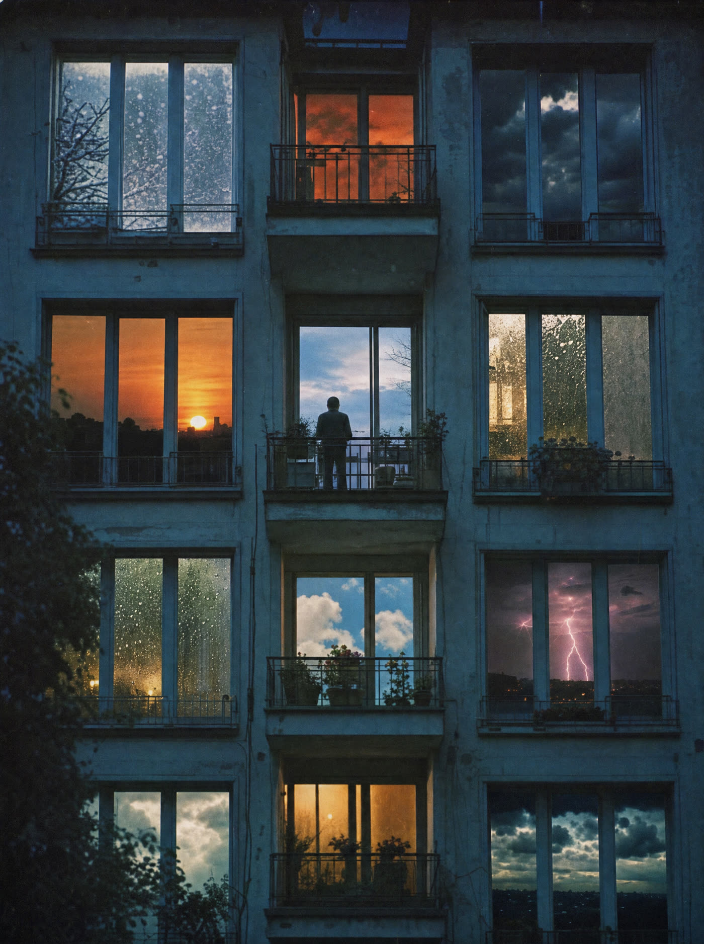 An apartment block whose windows each open onto different weather, one person on a balcony