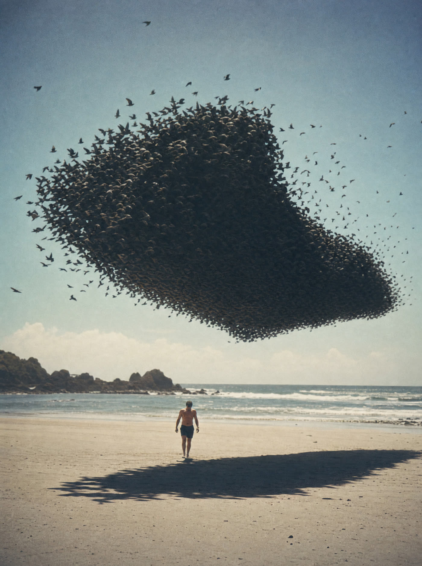 A flock of birds frozen mid-flight as a solid mass over a beach, casting one shadow on the sand