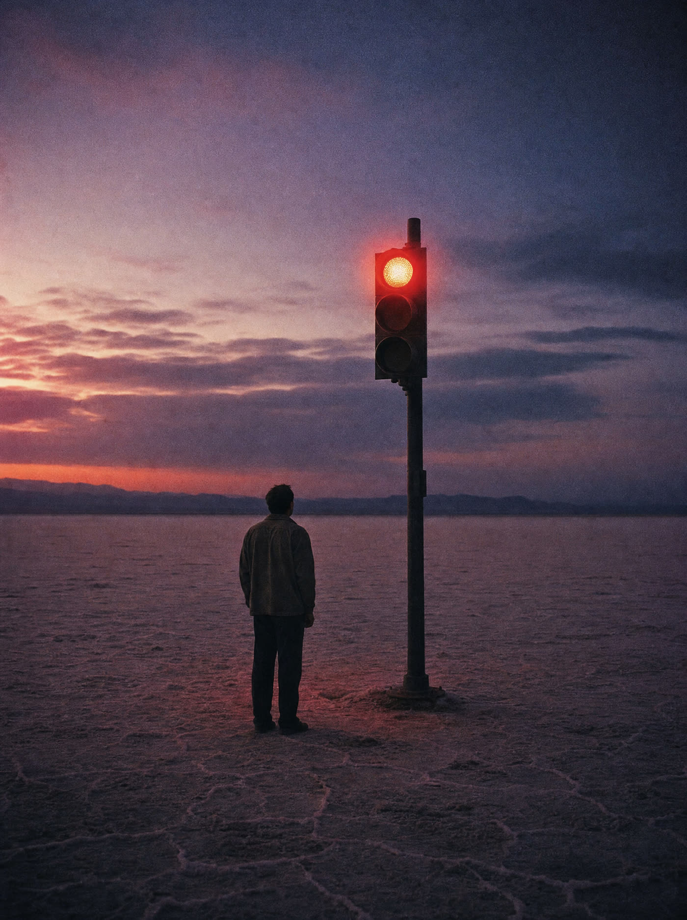 A working traffic light alone in an empty salt desert, one person waiting at it on foot
