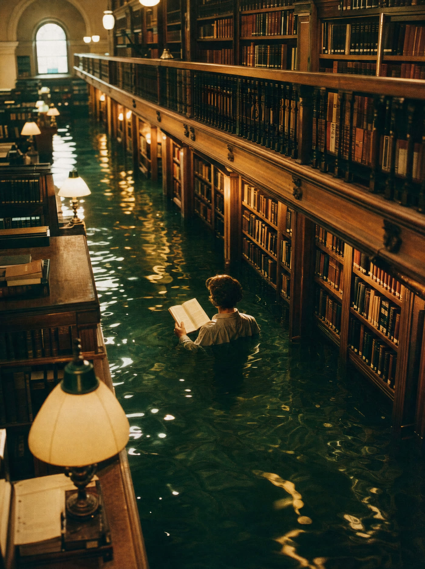 A library reading room filled with still water to shoulder height, one reader wading between shelves