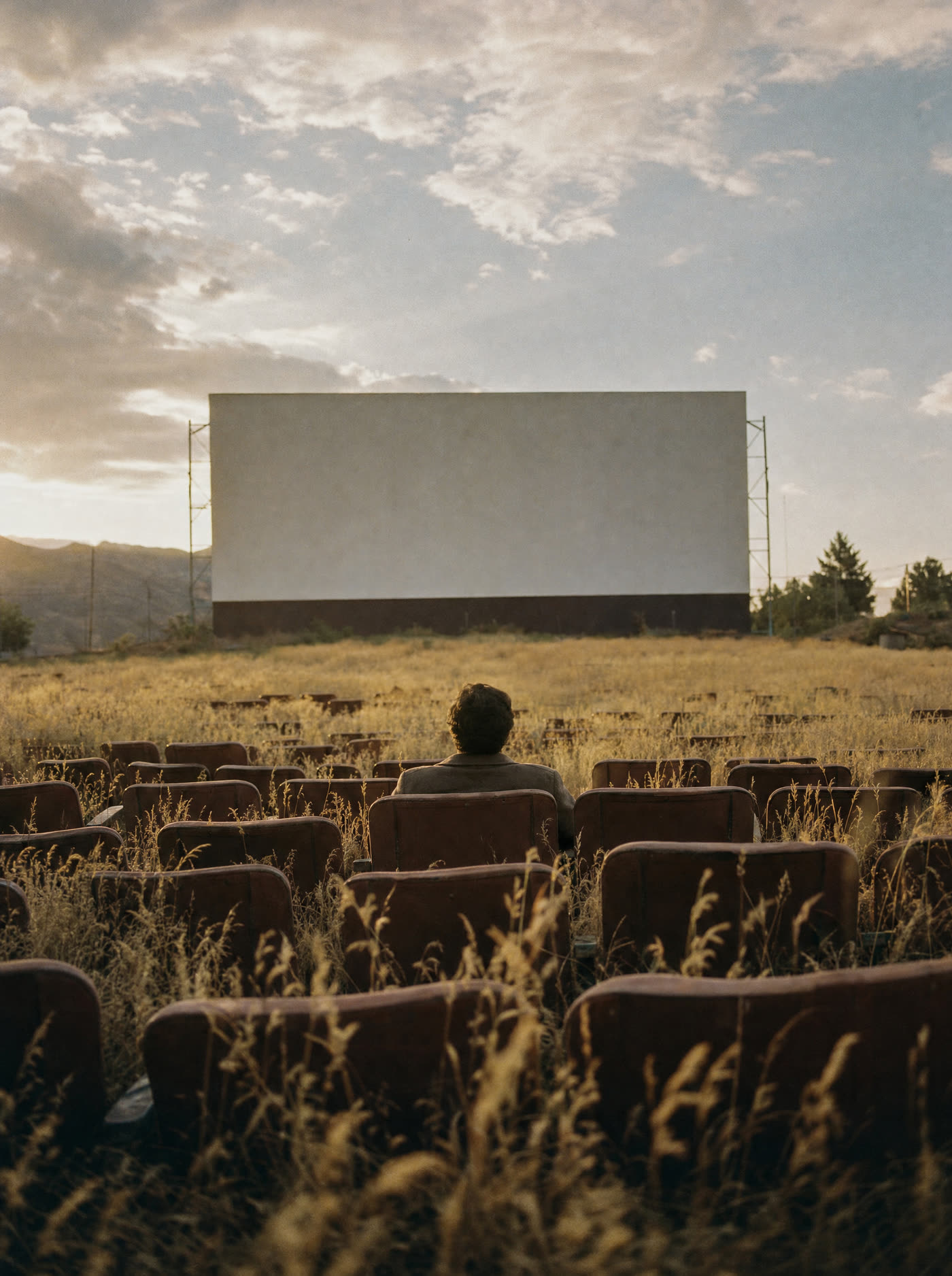 A cinema auditorium open to the sky with wheat growing between the seats, one person in the middle row