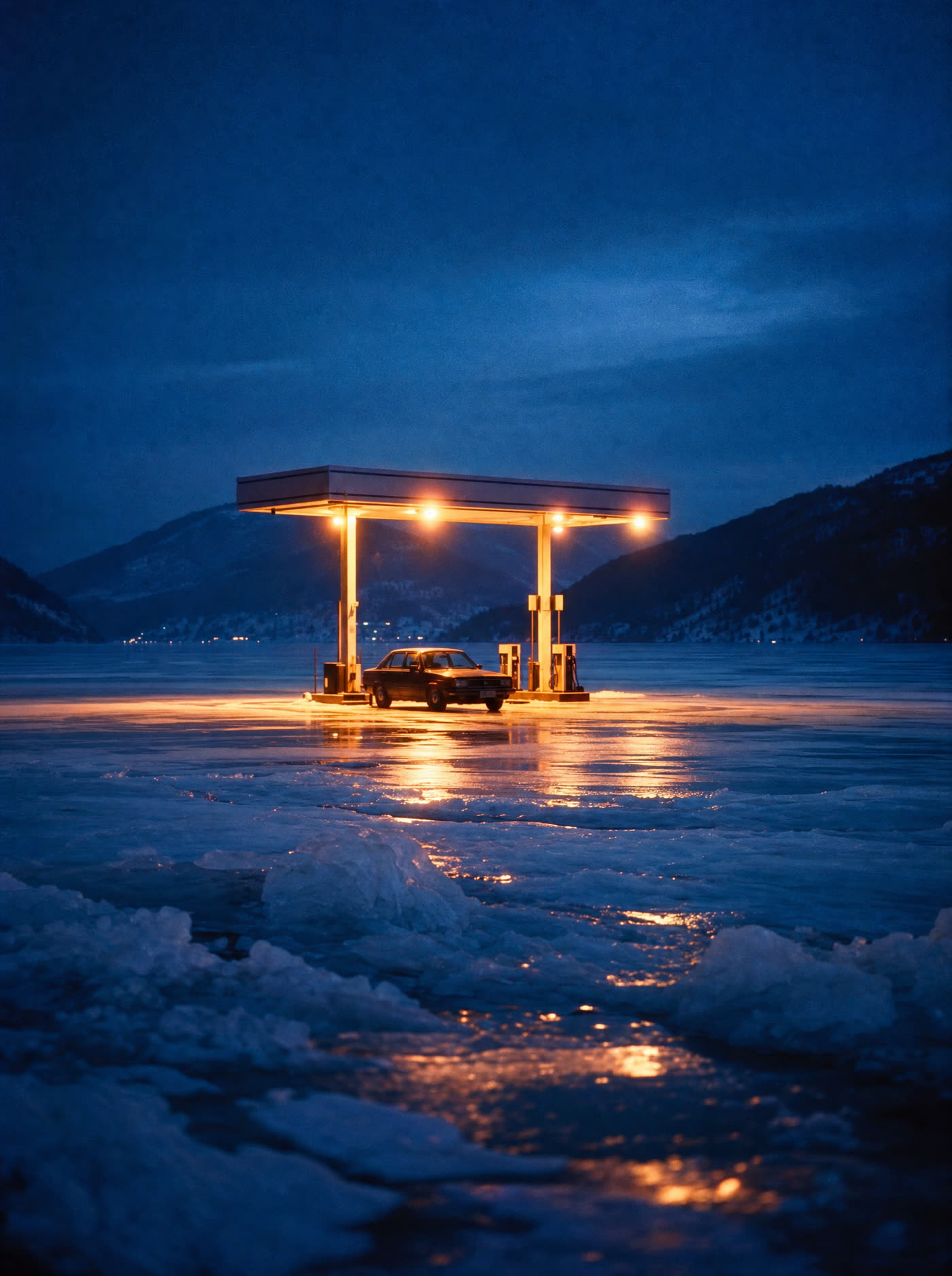 A petrol station standing alone on a frozen lake at night with no road leading to it