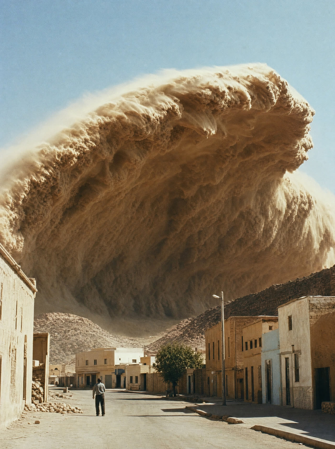 A wave of sand frozen mid-break over a desert town, one person in the street looking up