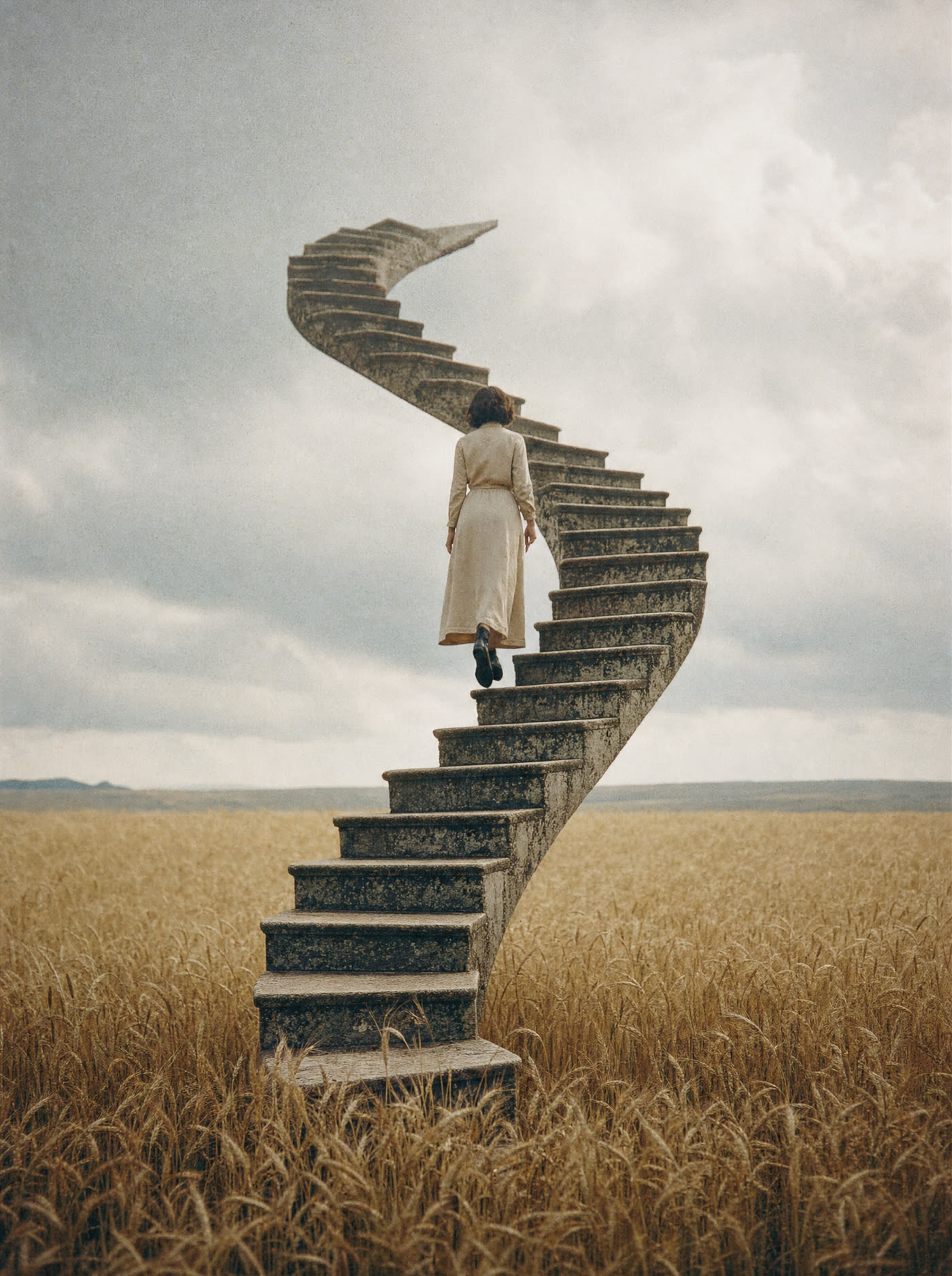 A spiral staircase growing out of a wheat field with nothing attached, a woman climbing into open sky