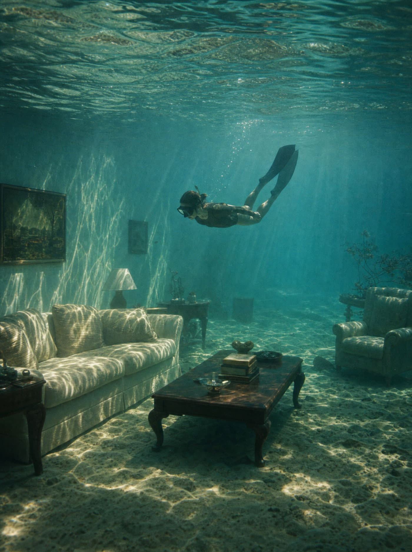 An intact living room on the floor of a shallow sea, a free diver hovering above the coffee table