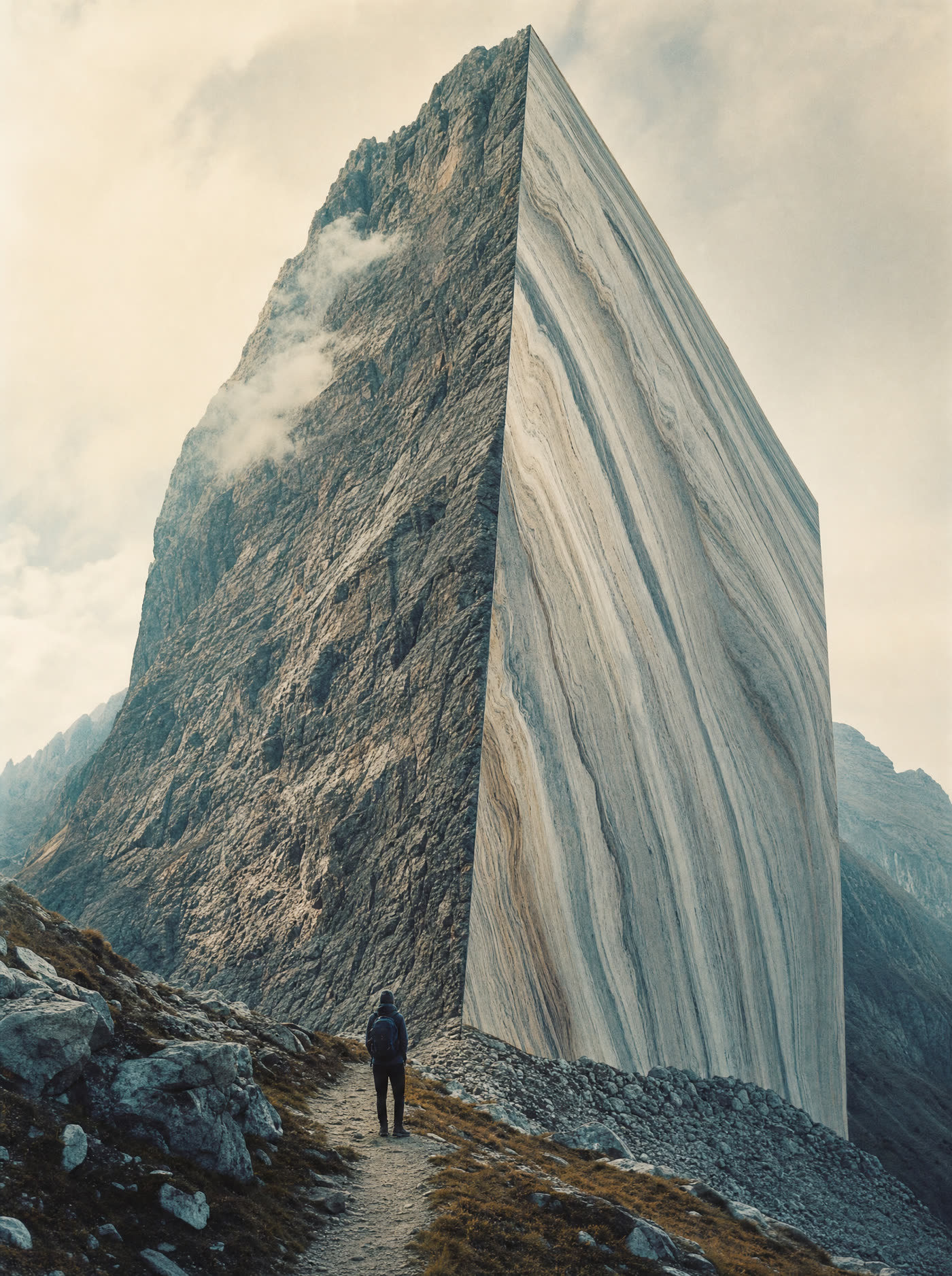 A mountain sliced clean in half vertically, the cut face polished like marble showing the strata