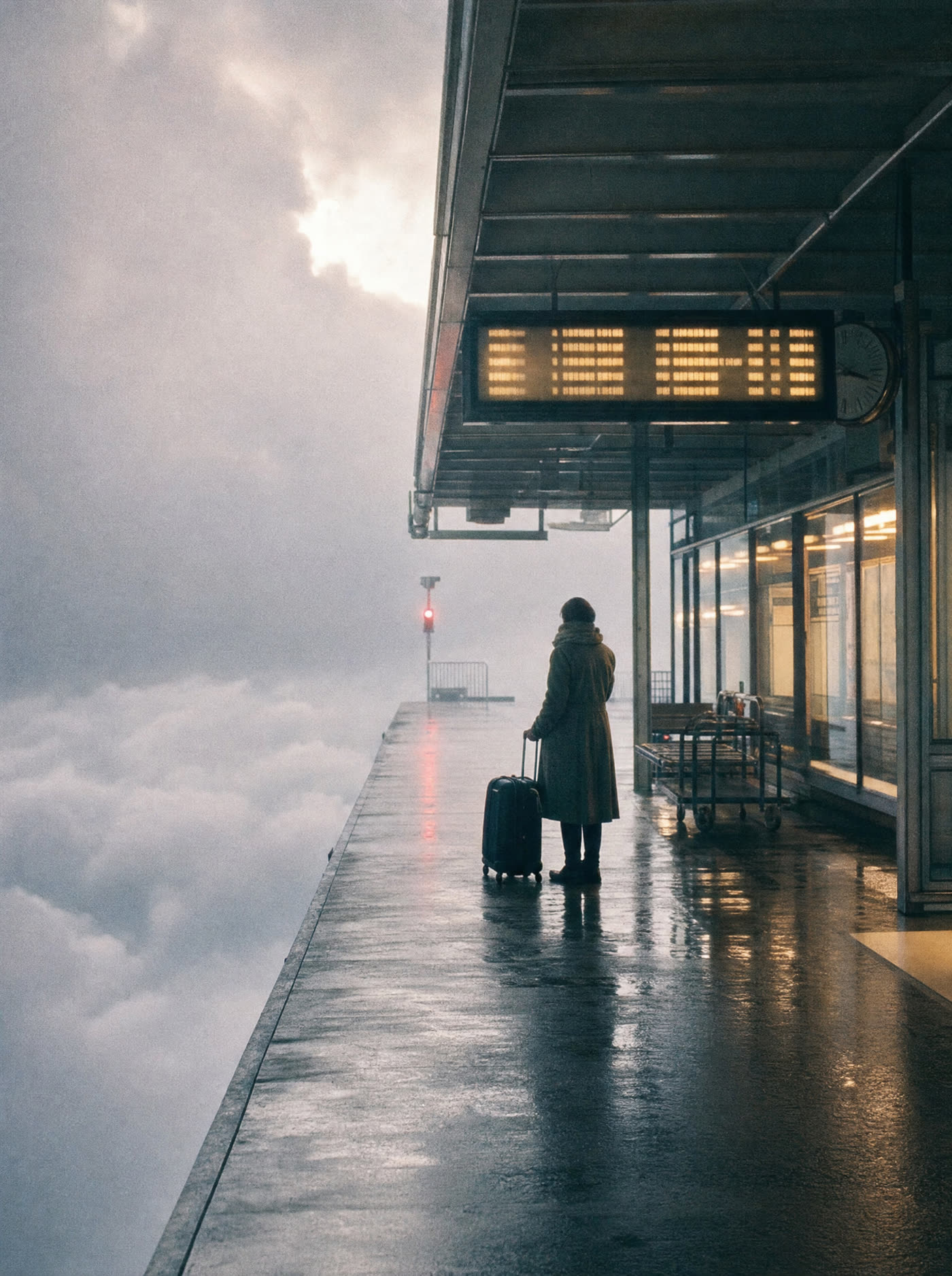 A railway platform suspended in dense cloud with no ground visible, one traveller waiting