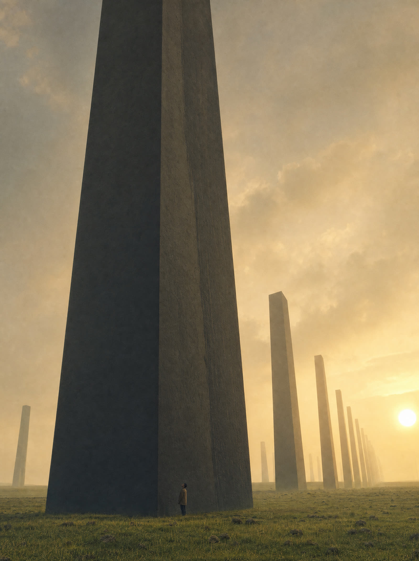 One tiny figure standing at the foot of a colossal black monolith that rises beyond the top of the frame, rows of identical stones receding into haze