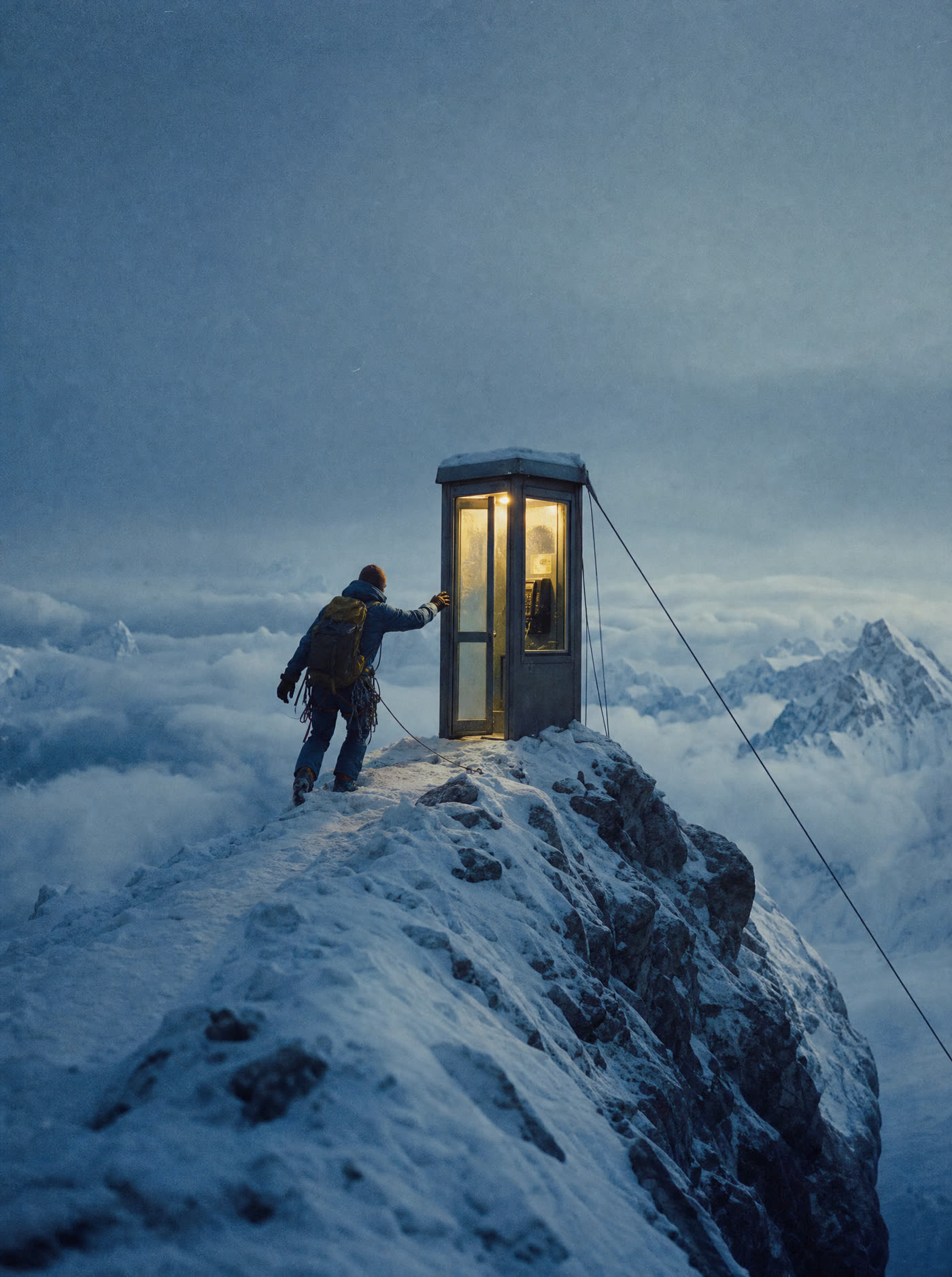 A public telephone box at the summit of a snowy mountain ridge, its light on, one climber reaching for it