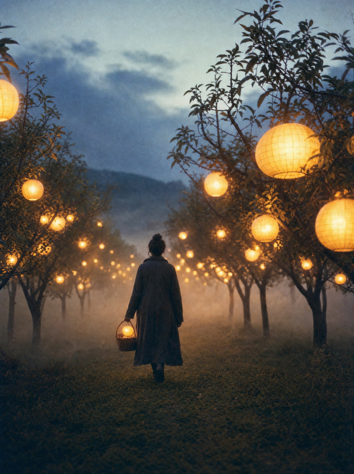 An orchard where the trees bear glowing paper lanterns instead of fruit, one person walking with a basket