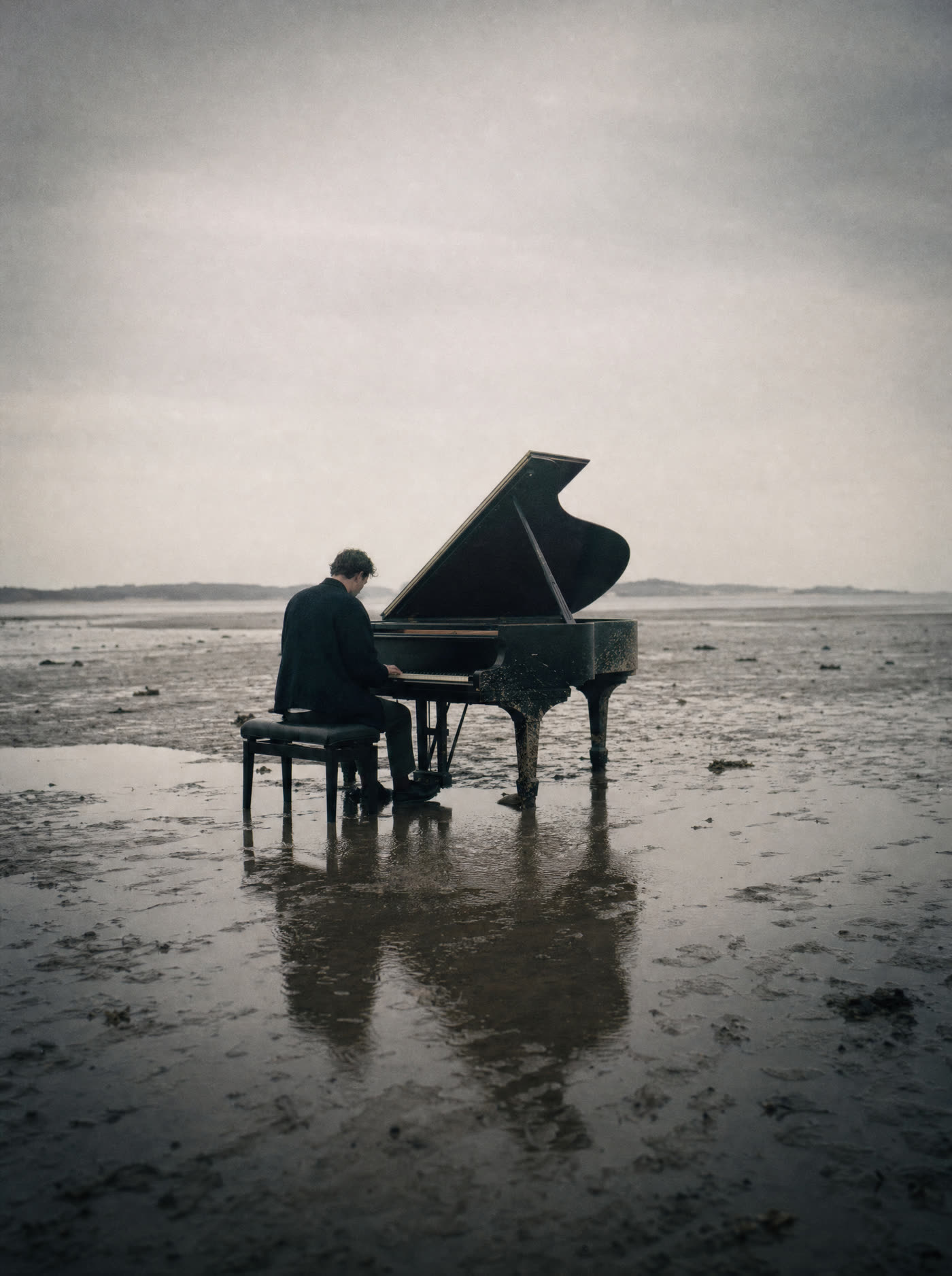 A grand piano alone on a vast mudflat at low tide, lid open, one figure seated at the keys