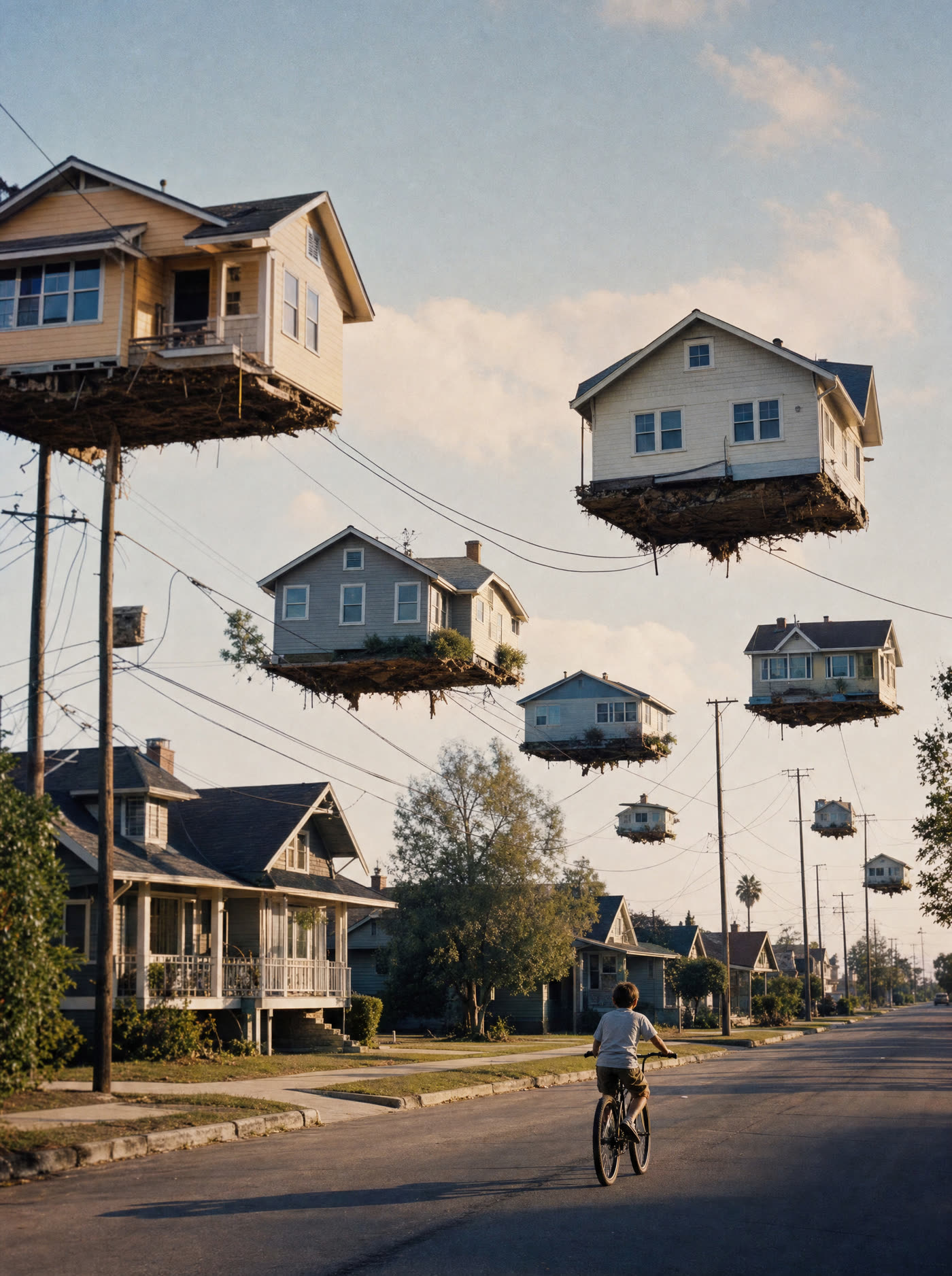 A suburban street where every house hovers at a different height above its plot, power lines still connected