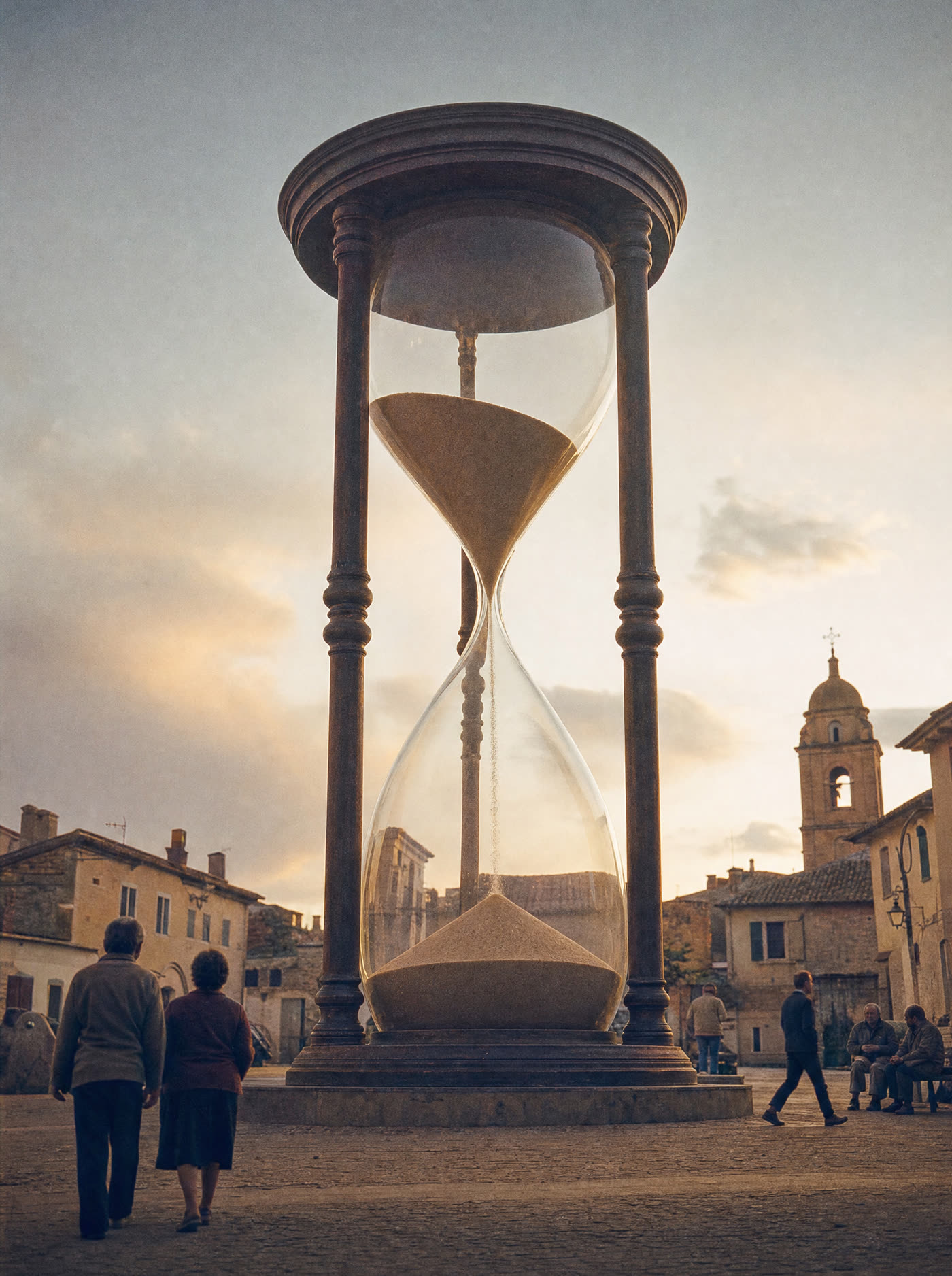 An hourglass the height of a church standing in a village square, sand still running