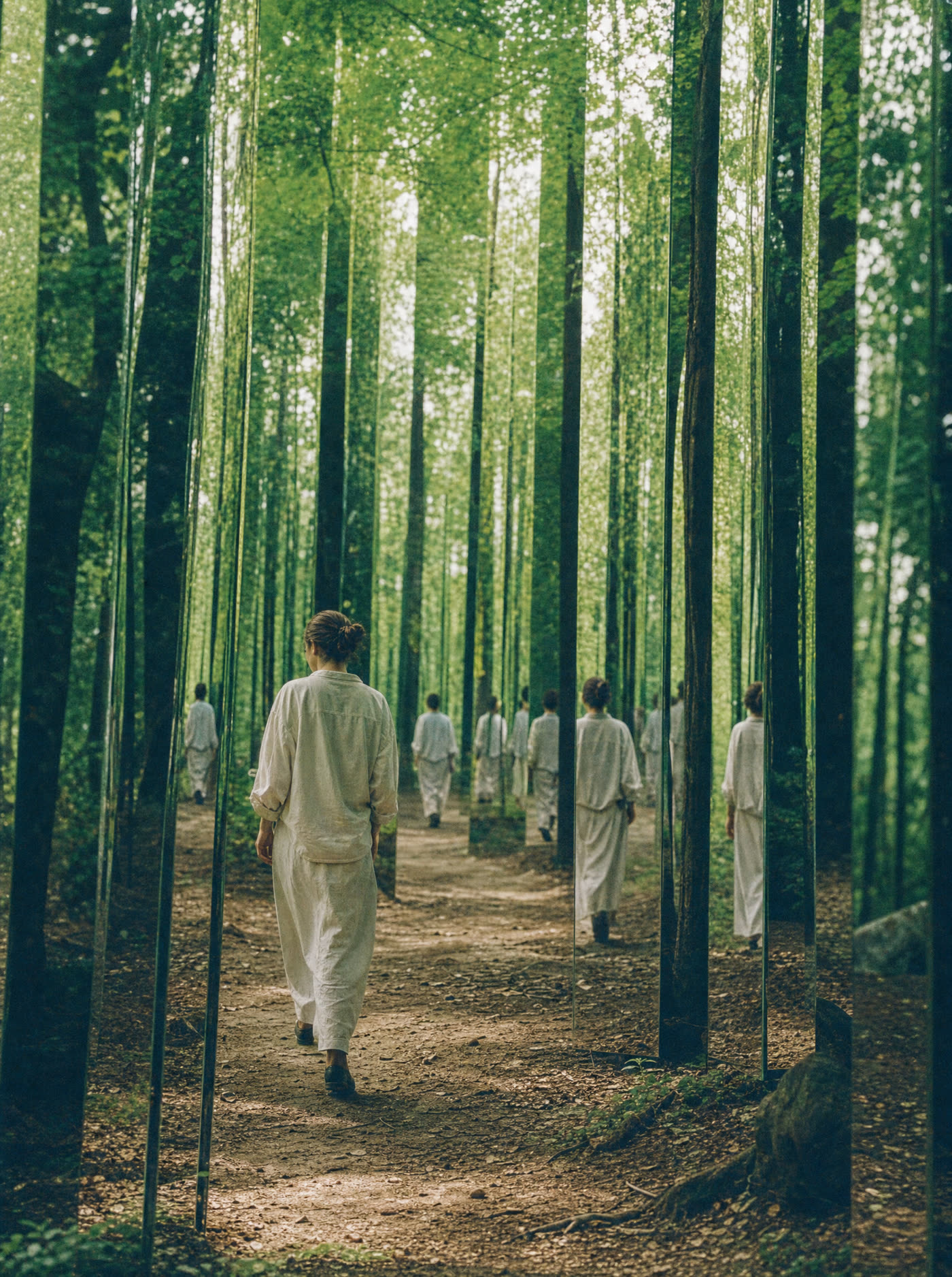 A forest where every trunk is a polished mirror, a walker multiplied endlessly in the reflections