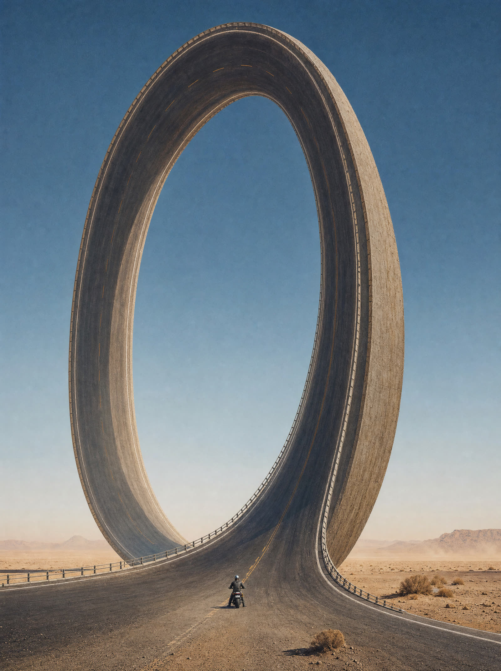 A desert highway curling into an enormous vertical loop hundreds of metres tall, a lone motorcyclist minute at its base looking up